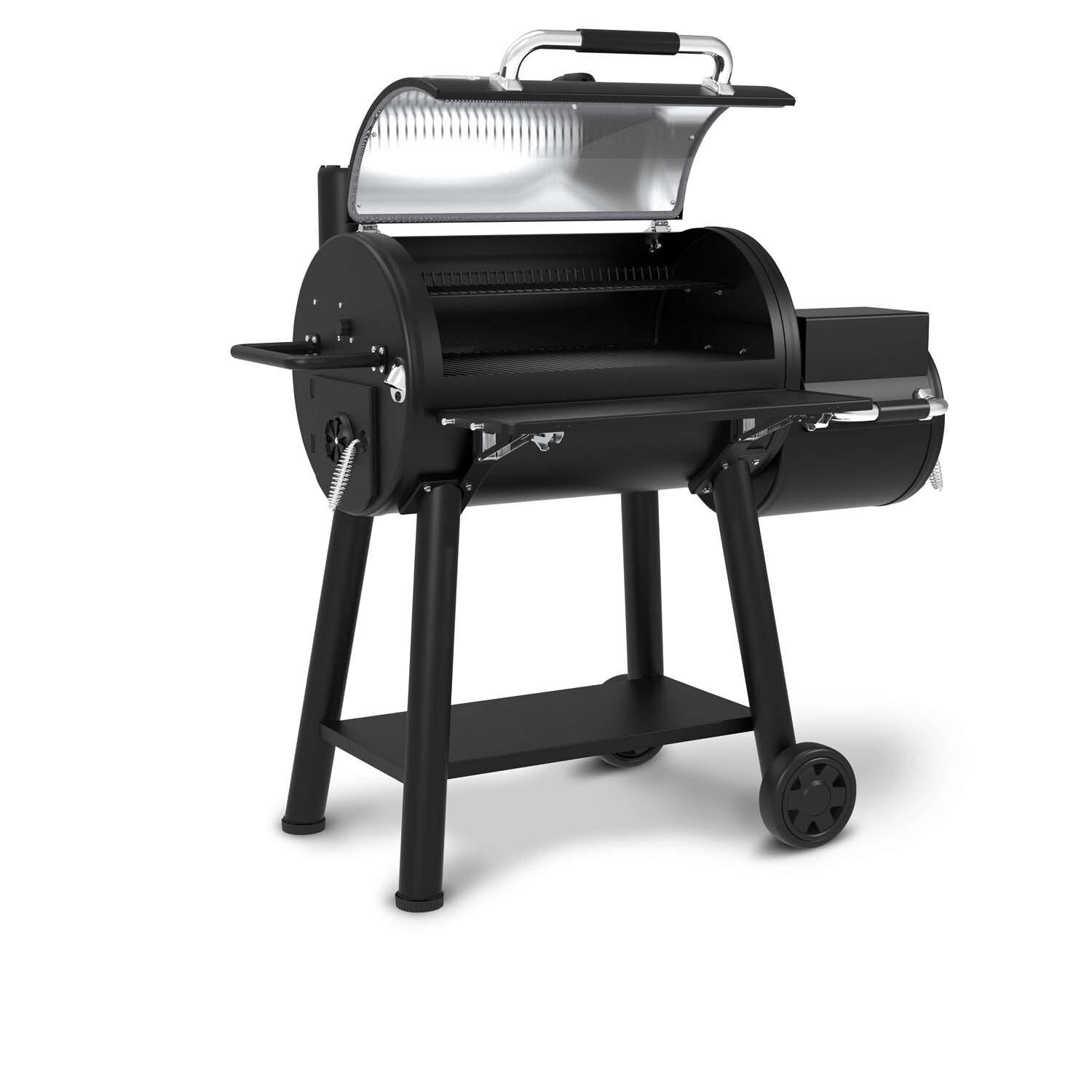 Broil King 958050 Regal Charcoal Offset 500 Smoker - Angled Right Hood Open - White Background thumbnail