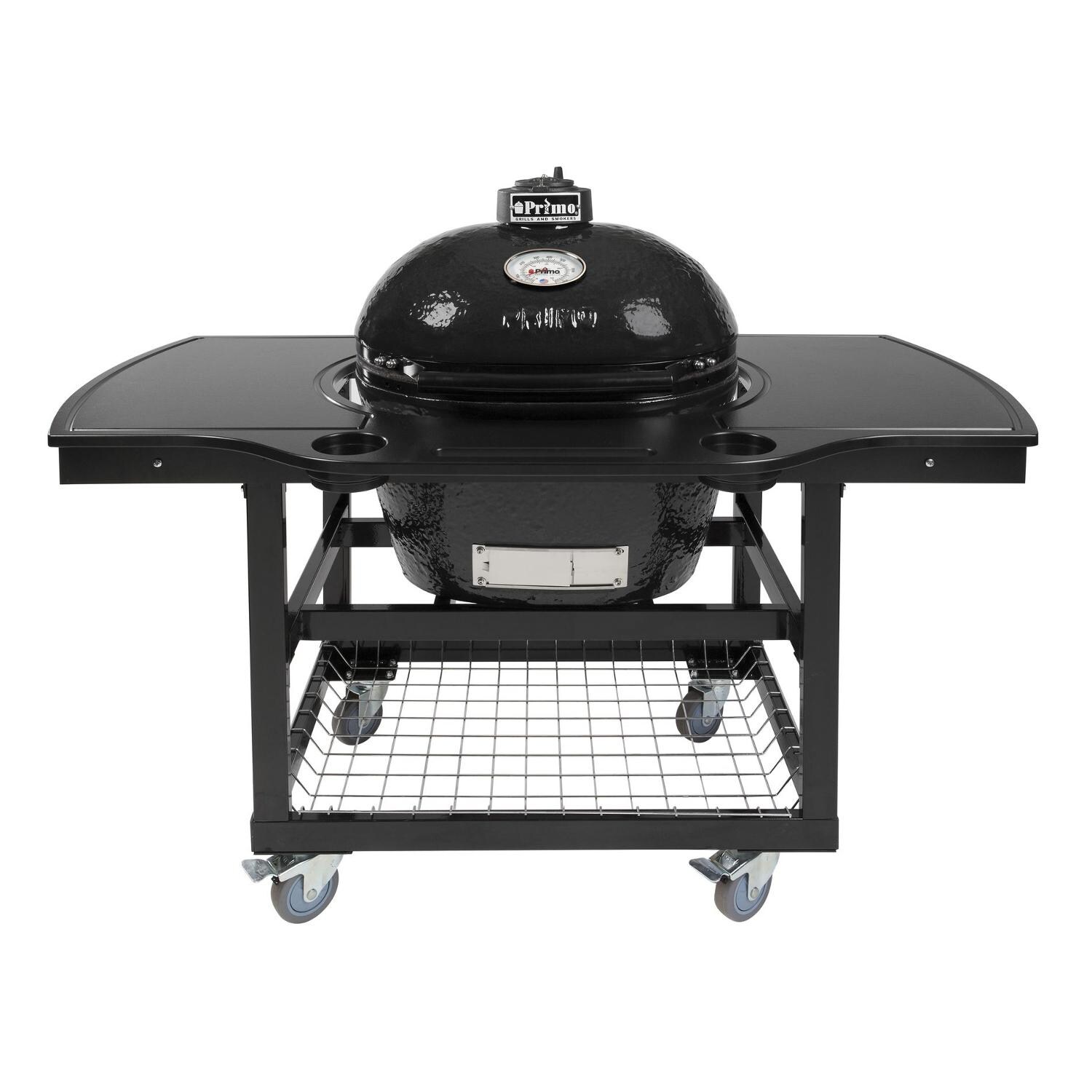 Primo Oval Large 300 Ceramic Kamado Grill On Steel Cart With 1-Piece Island Side Shelves, Cup Holders, And Stainless Steel Grates - 775 image