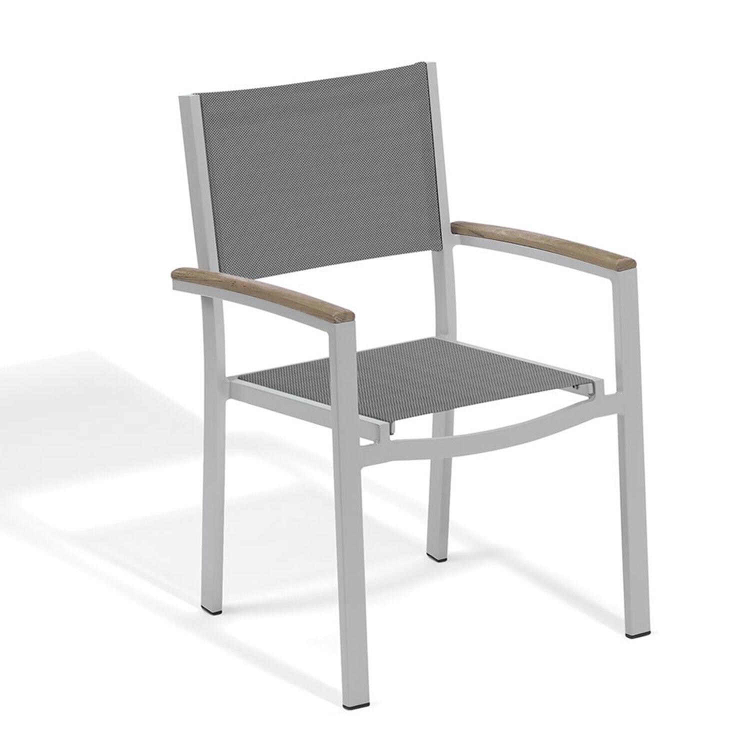 Oxford Garden Travira 7 Piece Flint Aluminum Patio Dining Set - Titanium Sling Armchair w/ Vintage Tekwood Arms thumbnail