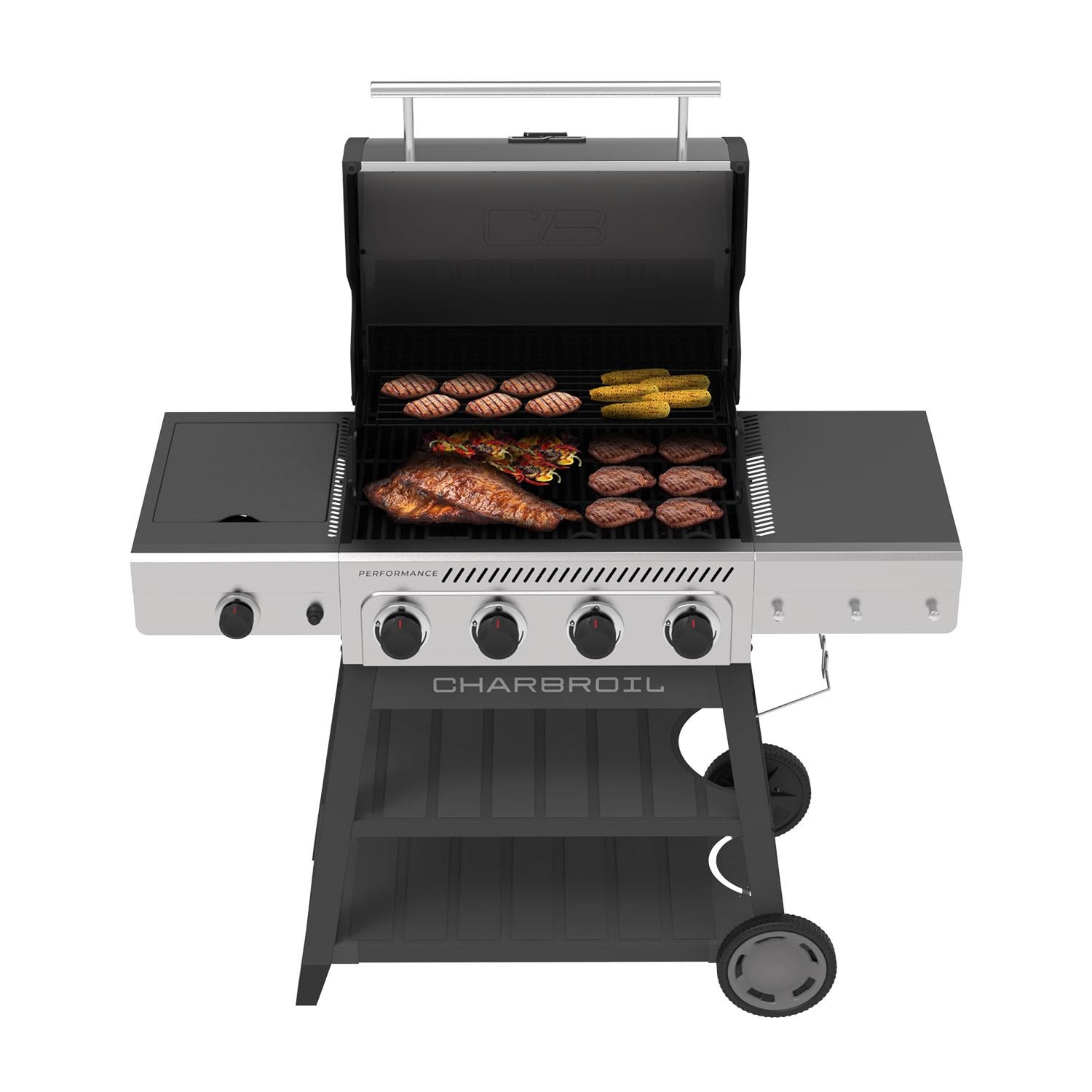 Charbroil 463349325 Performance Series 4-Burner Propane Grill A-Frame Cart W/ Side Burner - Black & Stainless Steel - Lid Up - Detail thumbnail