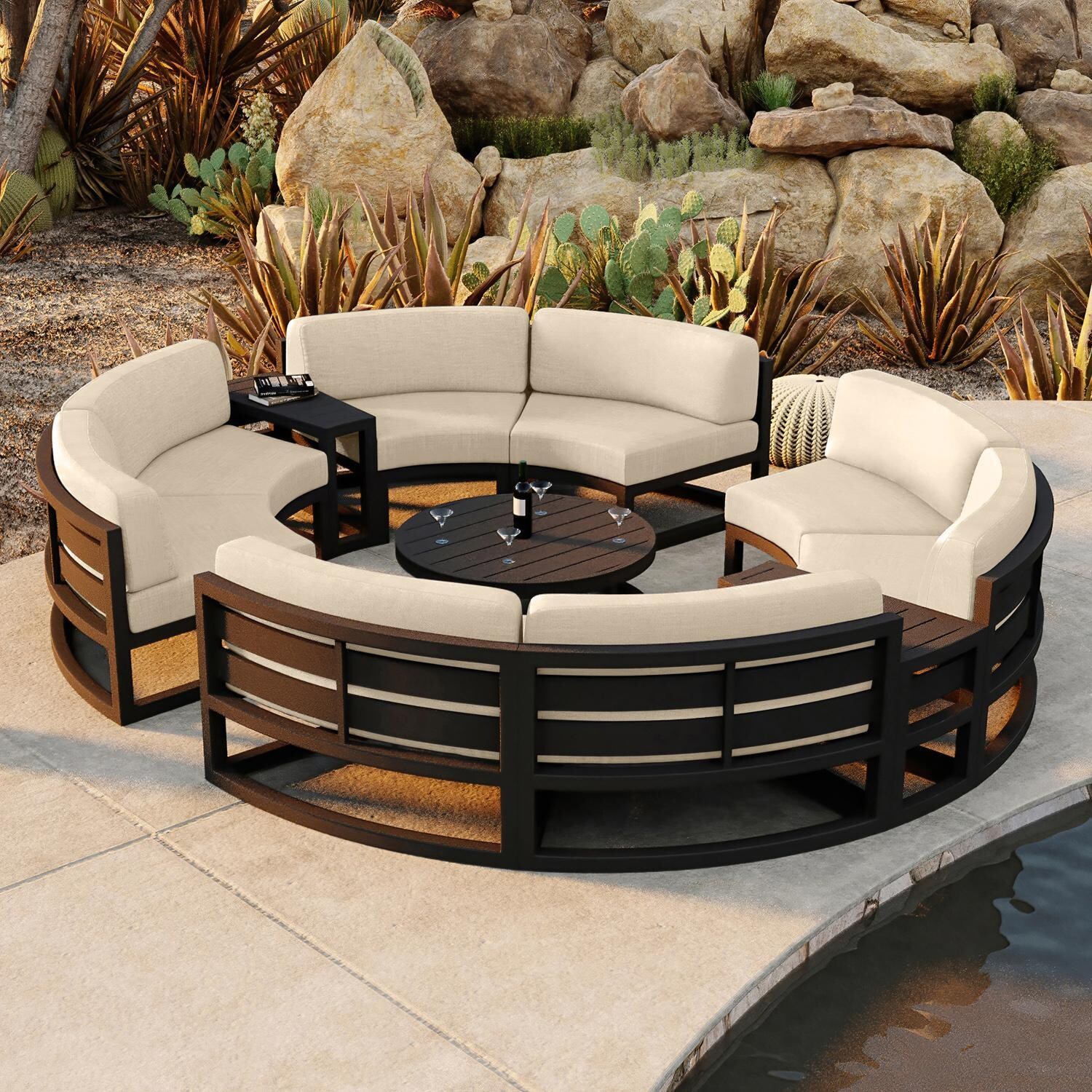 Misty Cove 7 Pc Aluminum Seating Set - Curved Sectional in Black/Canvas Flax by Lakeview Outdoor Designs