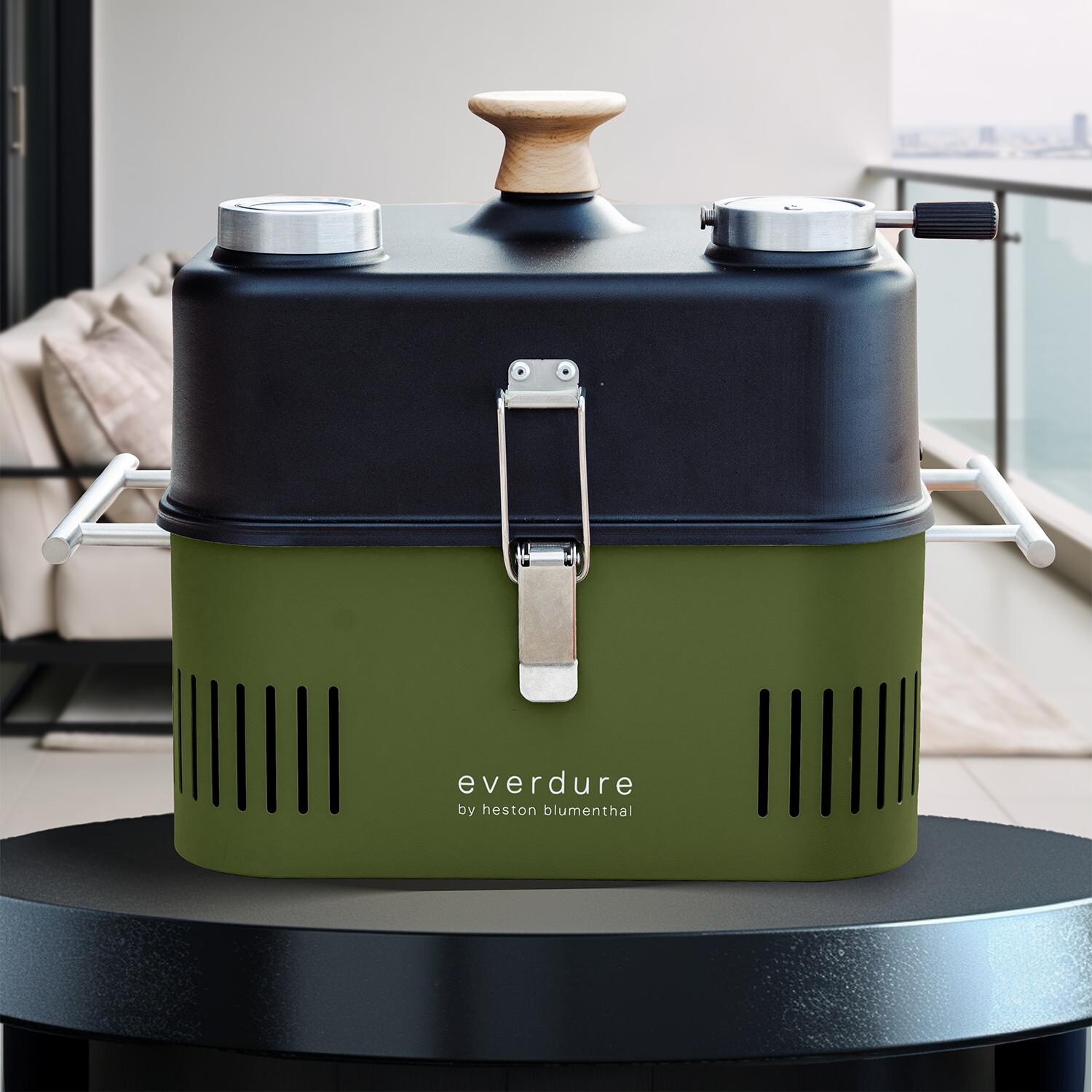 Everdure CUBE 17 Inch Portable Charcoal Grill, Khaki w/ Roasting Hood