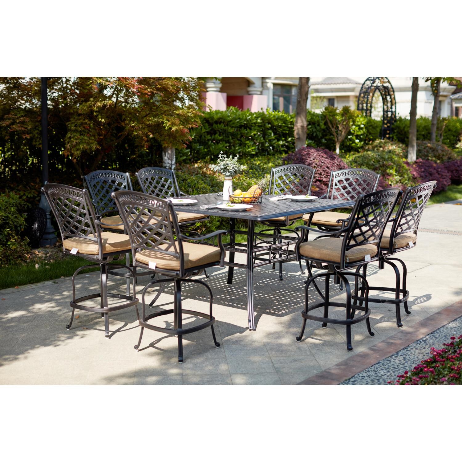 Darlee 201030-9PC-88WCH Sedona 9 Piece Cast Aluminum Patio Bar Set W/ 60 Inch Square Counter Height & Sesame Cushions - Lifestyle thumbnail