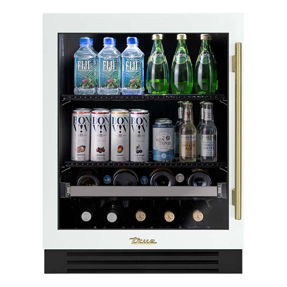 True TUBADA-24-LG-A~030-H01 ADA Height 24 Inch 105 Can 12 Bottle Left Hinge Glass Door Outdoor Beverage Center - Matte White w/ Brass Handle - White Background thumbnail