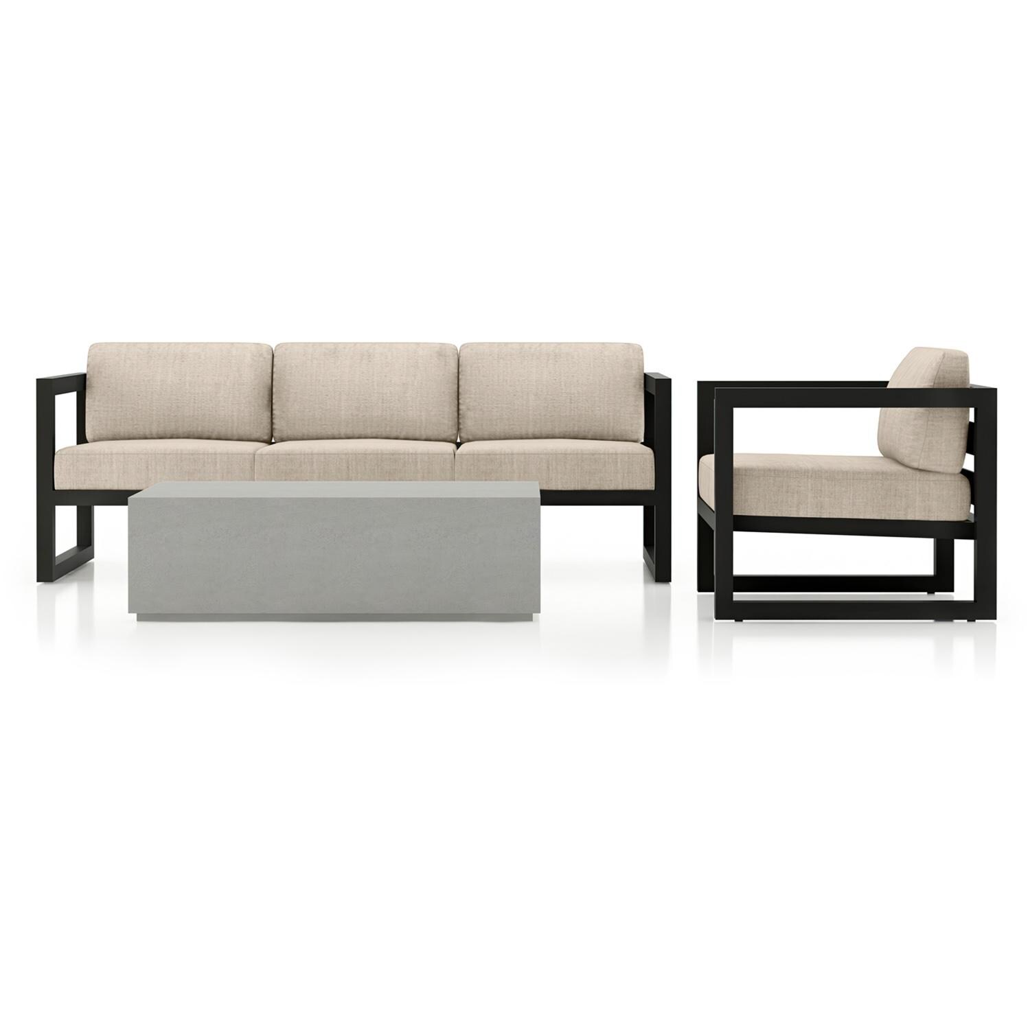 Lakeview MSTYMAS-BK-3SS-CF Misty Cove 3 Pc Aluminum Seating Set in Black w/Mason Coffee Table & Canvas Flax Cushions by Lakeview Outdoor Designs - Set - White Background thumbnail