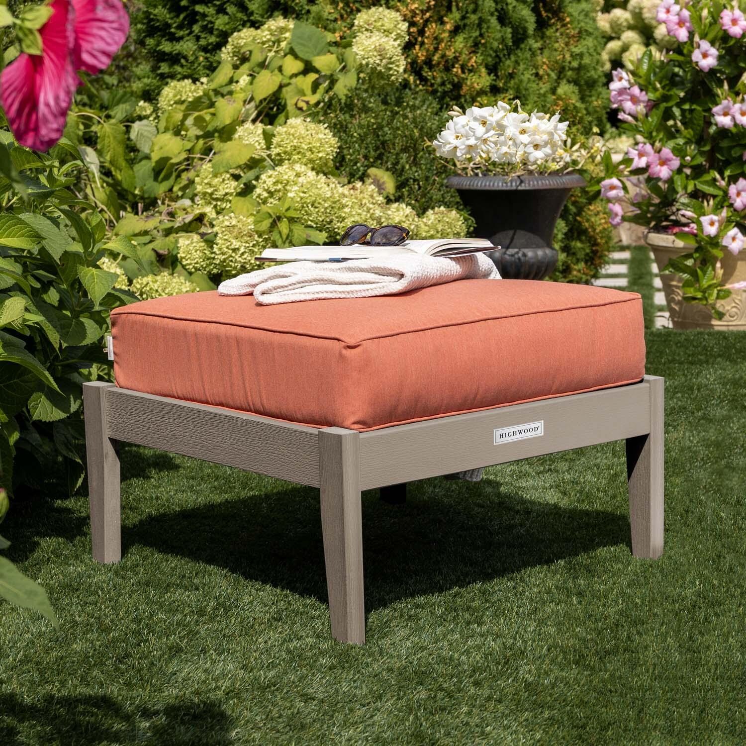 Blushing Bay Recycled Plastic Ottoman in Canvas Persimmon/Woodland Brown by Lakeview Outdoor Designs - Lifestyle thumbnail