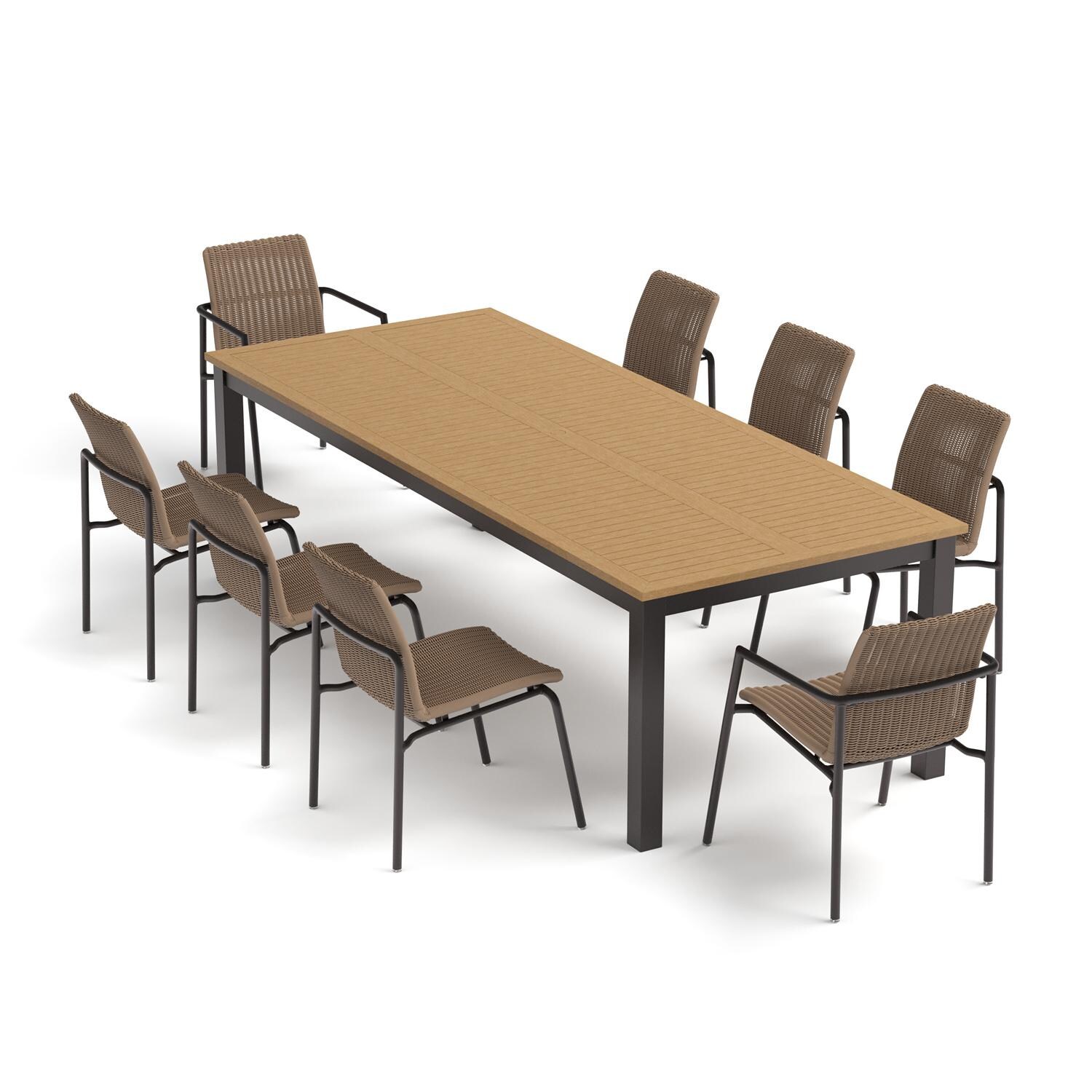 Oxford Garden Orso 9 Pc Wicker & Aluminum Dining Set W/ Natural Tekwood Table Top in Carbon/Sand - Top View thumbnail