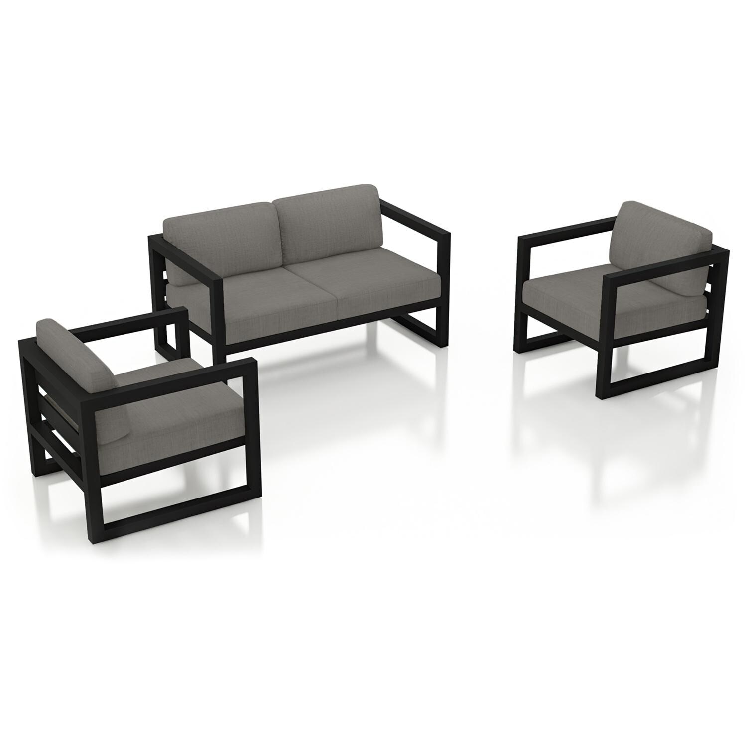 Lakeview MSTYCV-BK-3LSS-CC Misty Cove 3 Pc Aluminum Seating Set in Black w/Loveseat & Canvas Charcoal Cushions by Lakeview Outdoor Designs - Set Angled View - White Background thumbnail