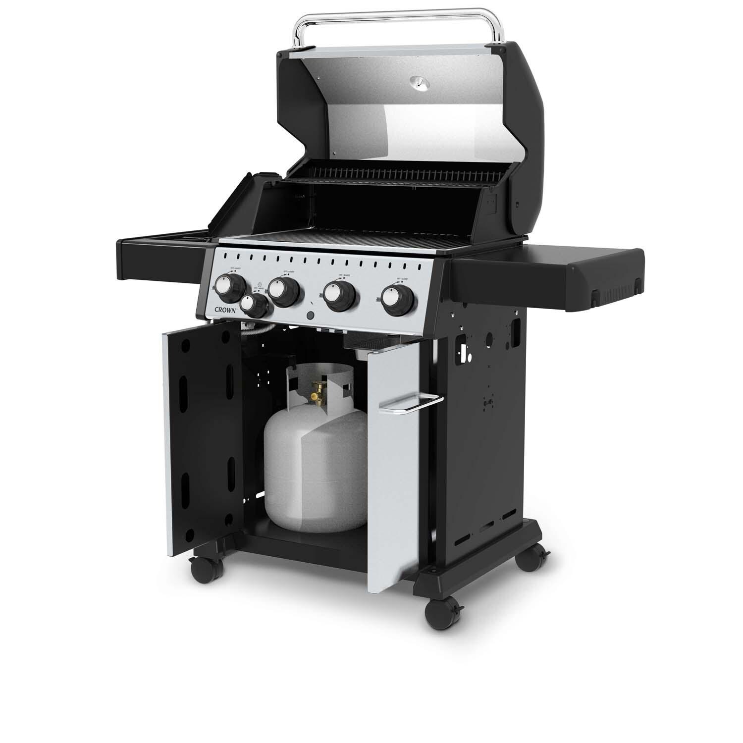 Broil King 865364 24-in Crown Propane Grill - Left Angle Lid Open - White Background thumbnail