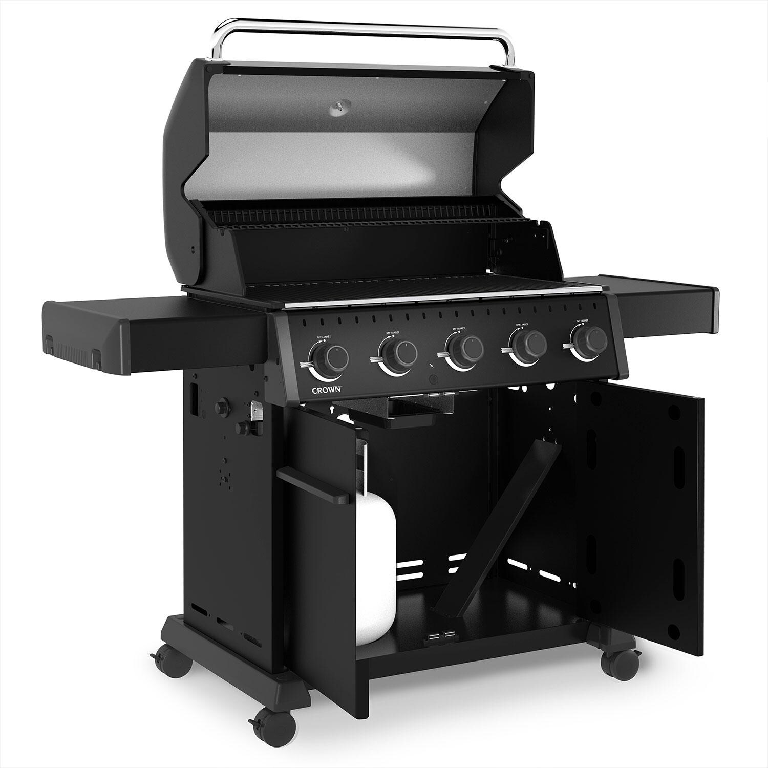 Broil King 866157 Crown 520 Shadow 5 Burner Natural Gas Grill - Black - Hood Up - Side View - White Background thumbnail