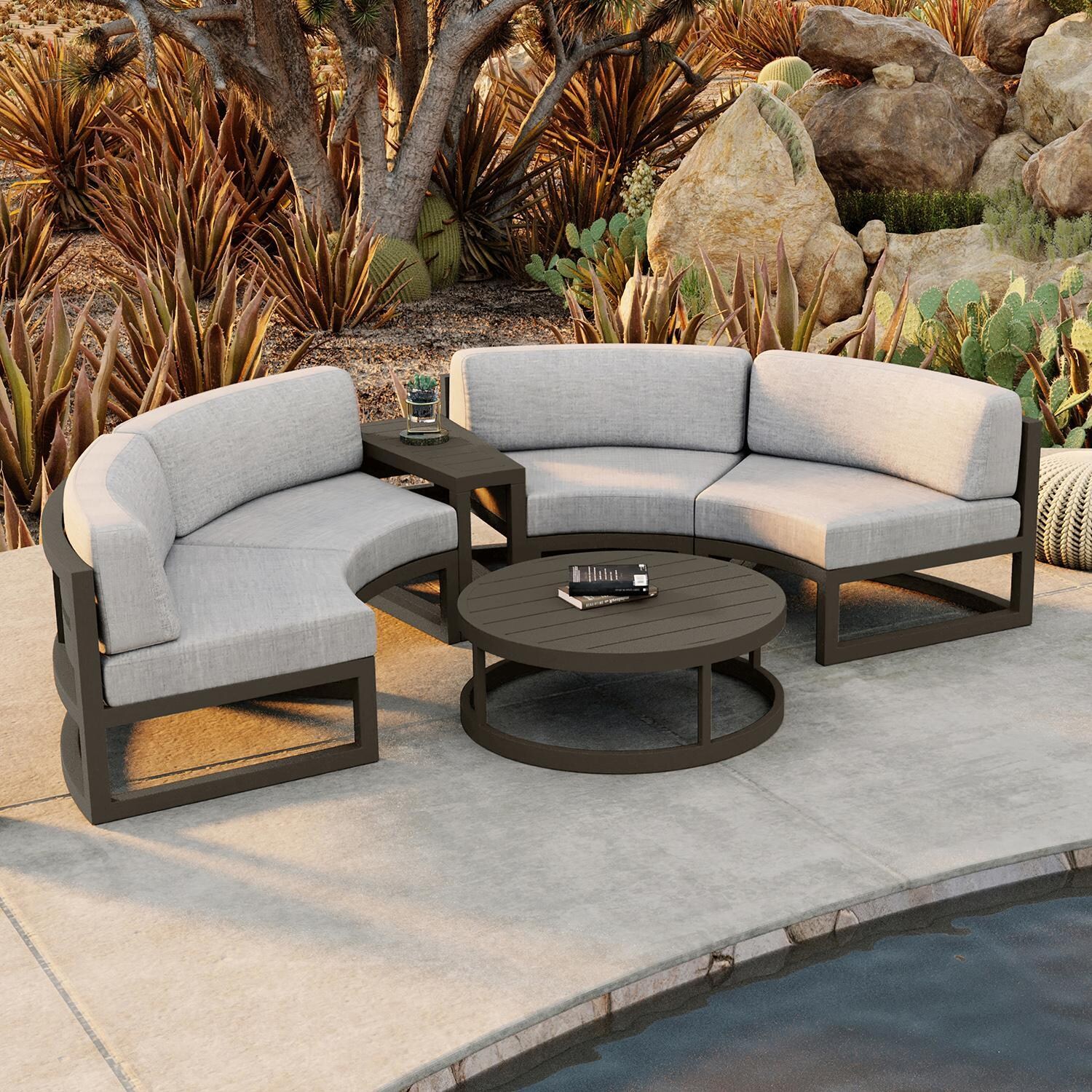 Misty Cove 4 Piece Curve Sectional Set in Slate w/Coffee Table & Cast Silver Cushions by Lakeview - By Pool - Lifestyle