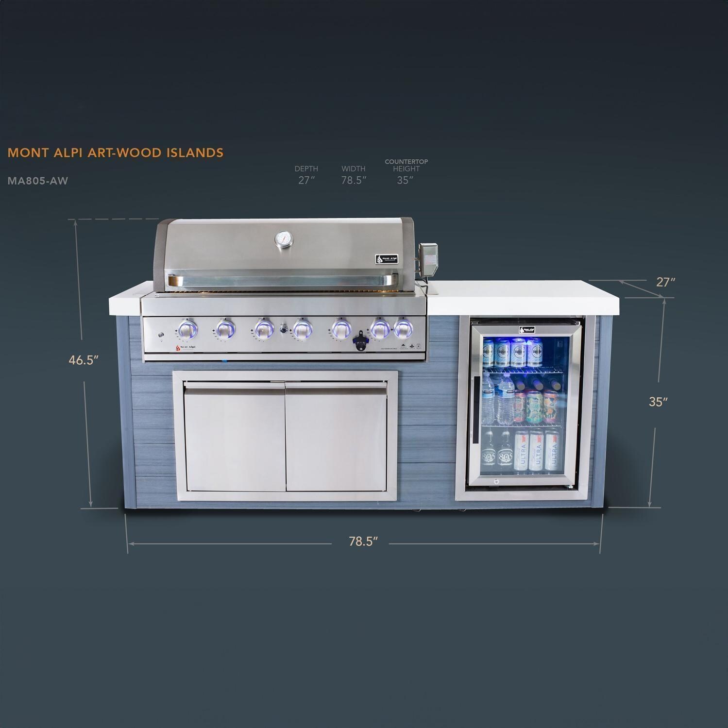 Mont Alpi MA805-AW 6-Burner Stainless Steel Art-Wood Propane Island Grill - Dimensional thumbnail