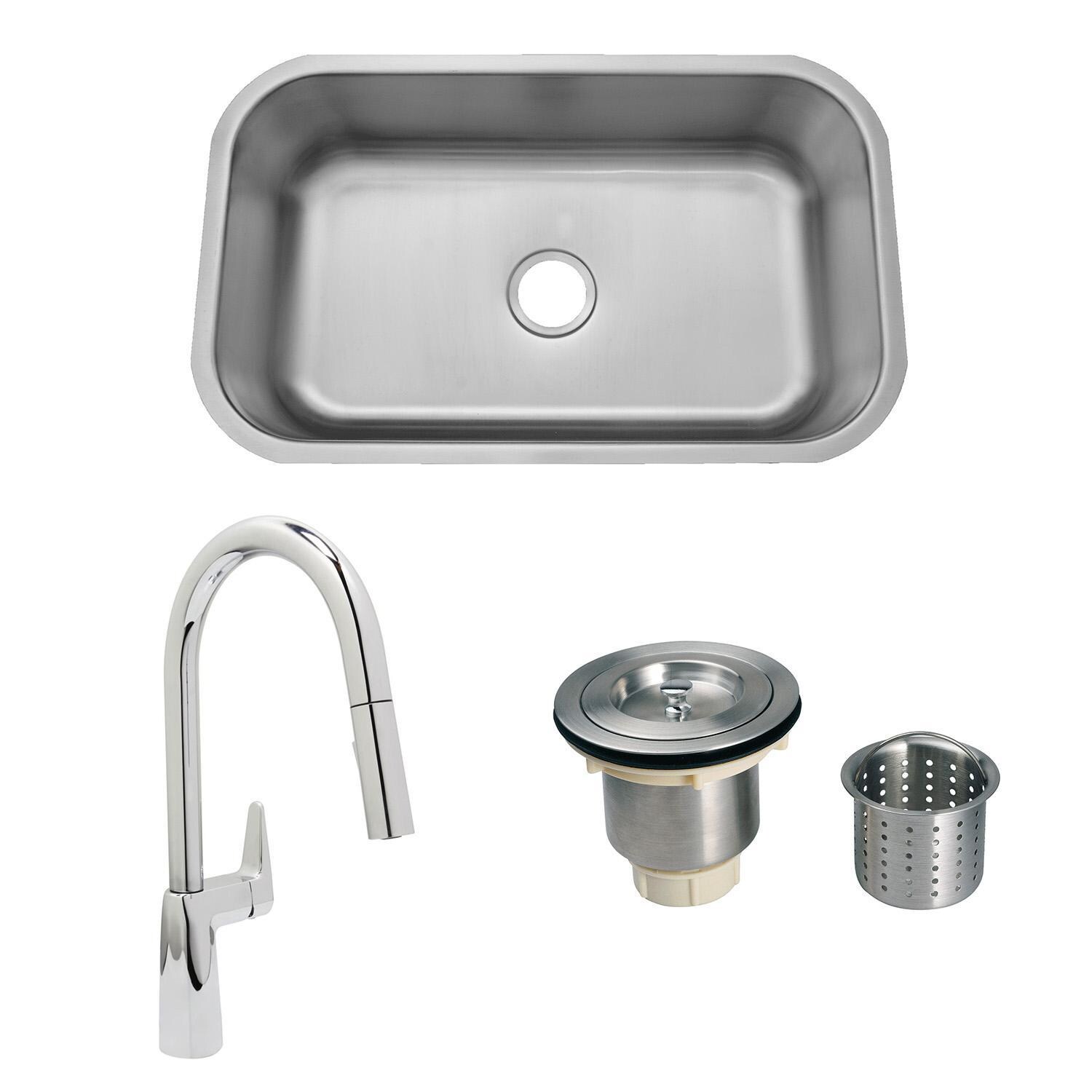 Futura 30 X 18 Stainless Steel Outdoor Sink with Huntington Brass Dual Spray 15.75 Inch High Pull Down Faucet and Strainer Basket