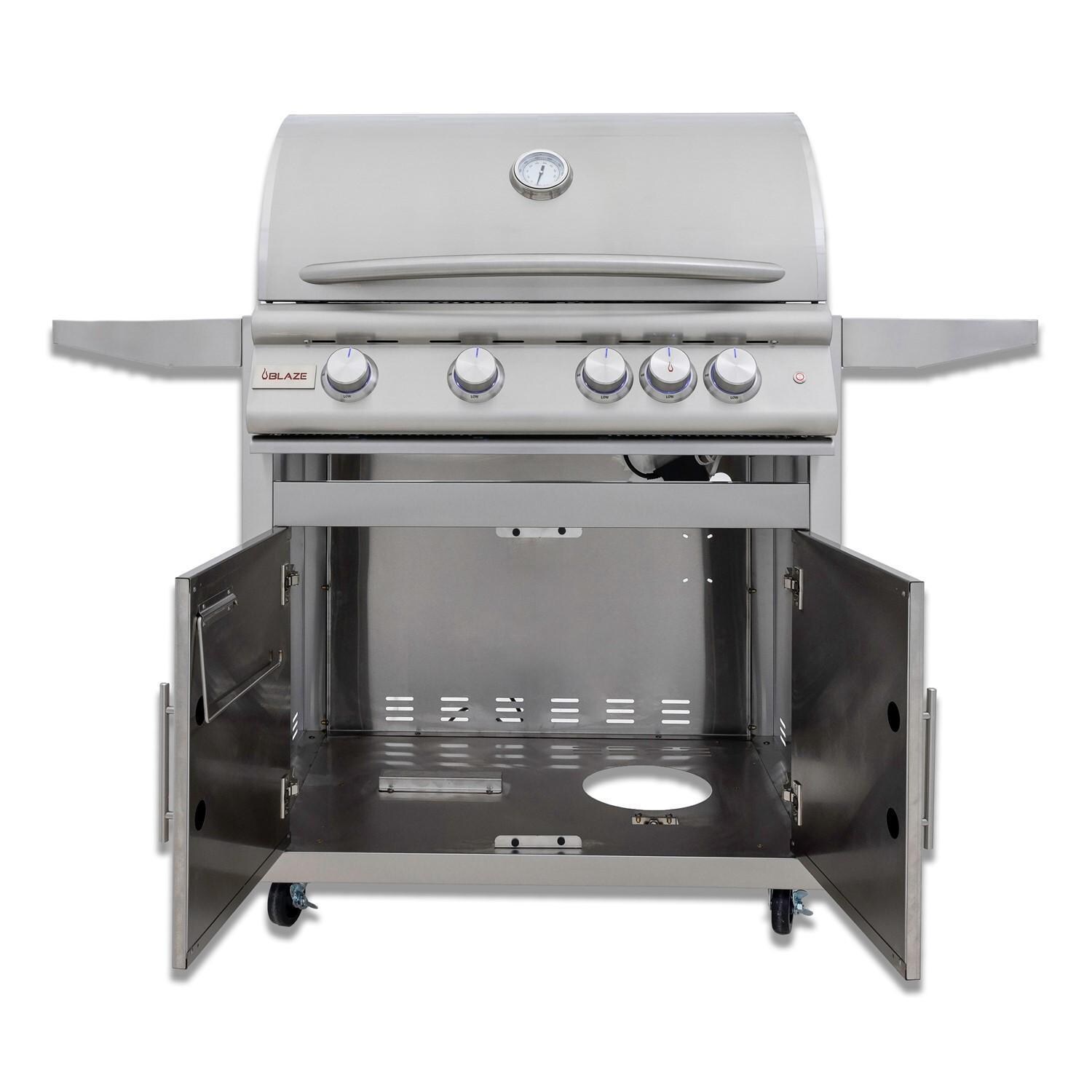 Blaze BLZ-4LTE3-LP Premium LTE+ 32-Inch 4-Burner Propane Grill With Rear Infrared Burner & Lift-Assist Hood - On Cart - Drawers Open - White Background