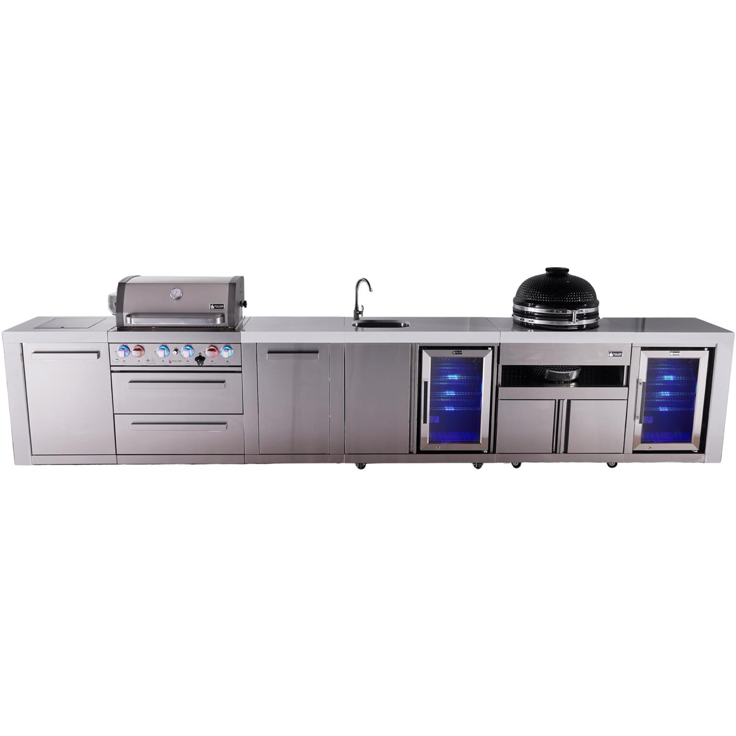 Mont Alpi Deluxe Series 15 1/2 Ft Natural Gas Outdoor Kitchen Island w/ 32-in Grill, Side Burner, Beverage Center, Fridge, Kamado Module & Extra Door (Ships Propane w/ Conversion Kit)