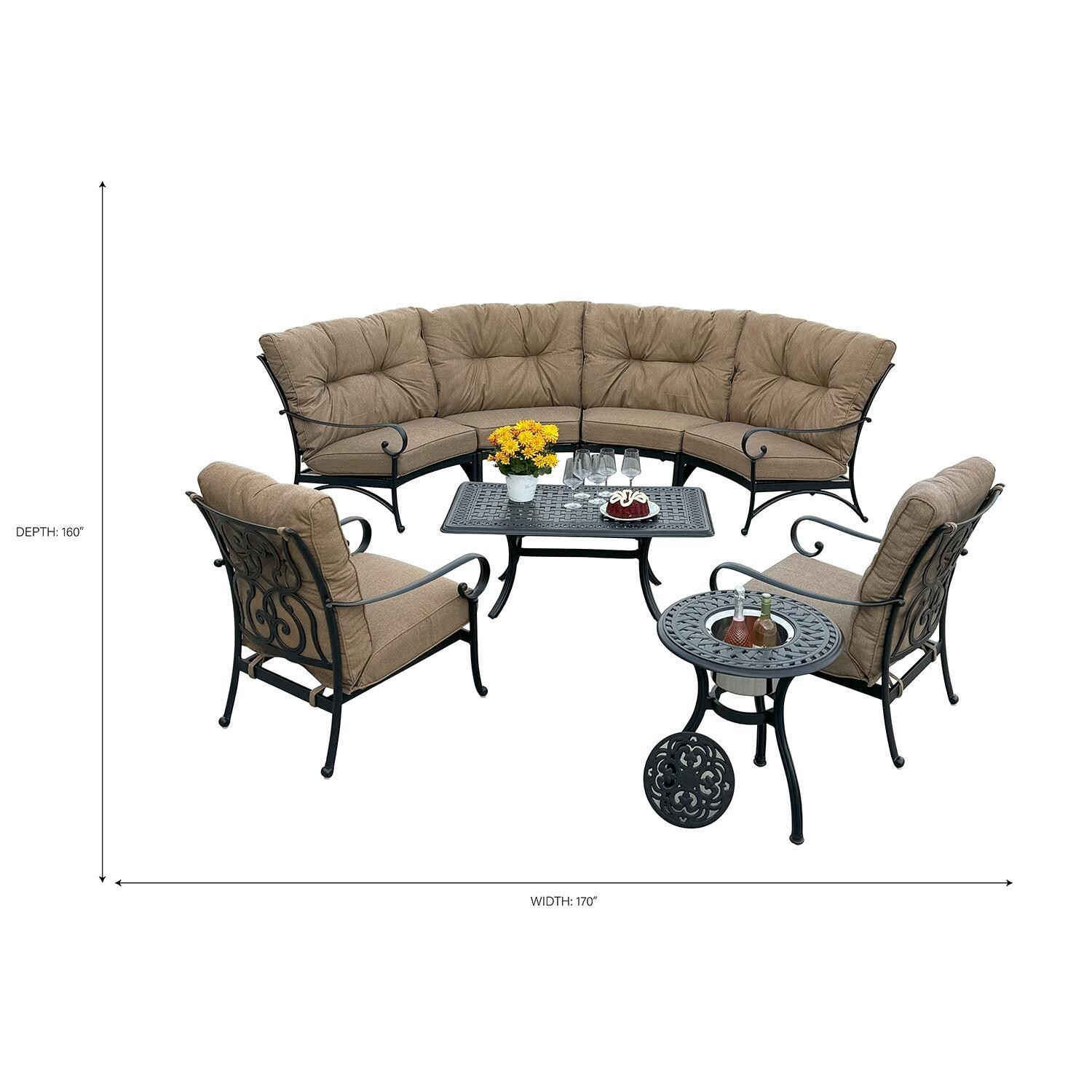 Santa Anita 8 Pc Cast Aluminum Seating Set in Antique Bronze/Heather Beige by Darlee - Full Set - Dimensional thumbnail