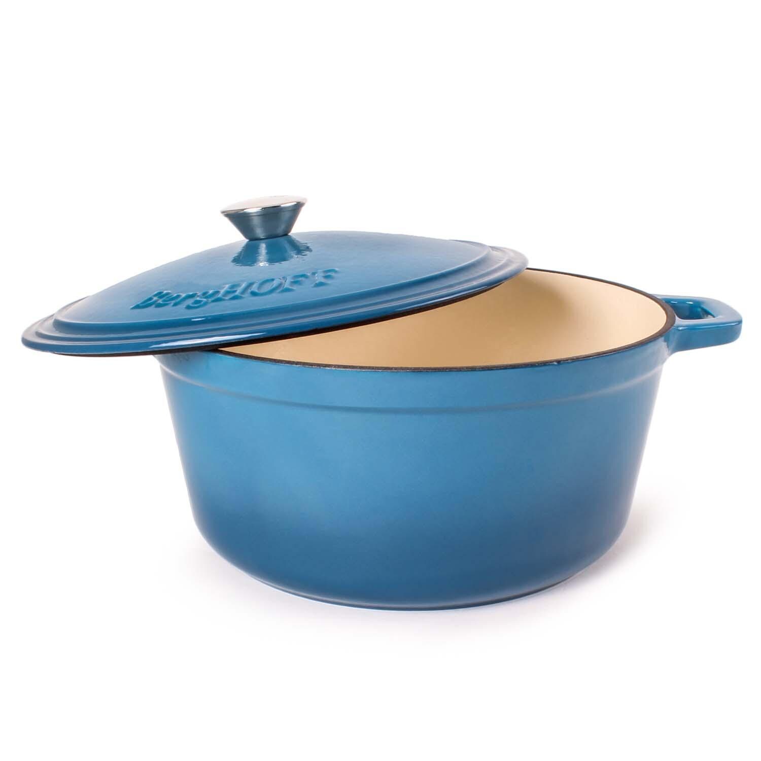 BergHOFF 11-in Neo Cast Iron 7 Qt. Round Dutch Oven w/ Lid - Blue - Lid Propped - White Background thumbnail