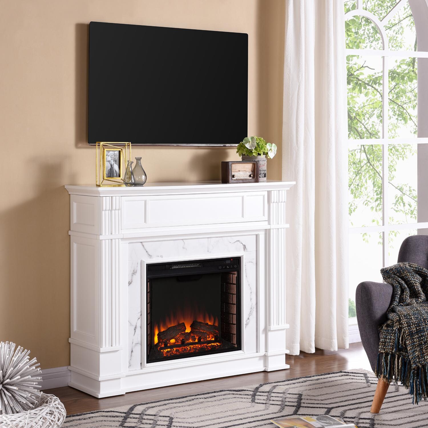 Southern Enterprises Highgate 48-Inch Electric Fireplace Mantel - White W/ Gray Veined White Faux Marble - FE9322 - Left Angled View thumbnail