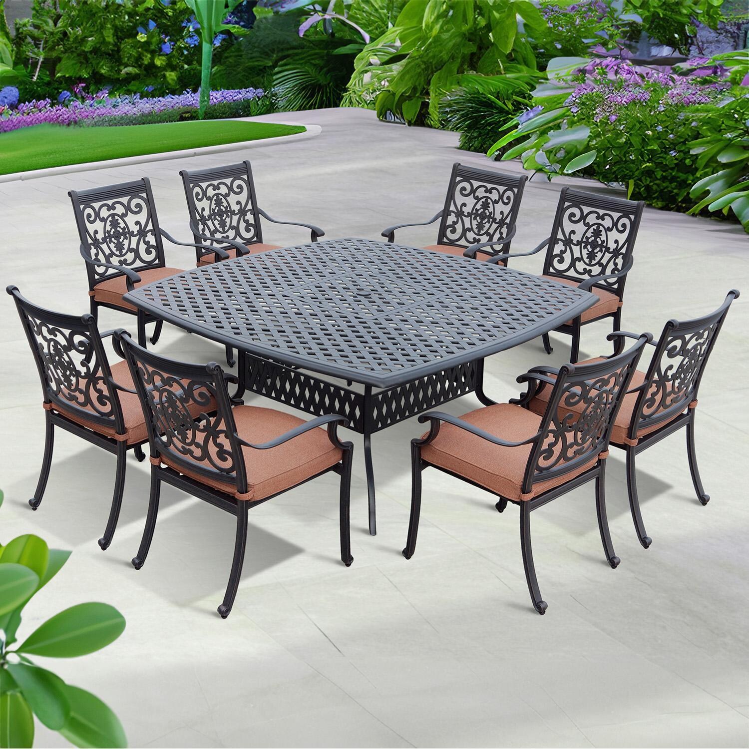 Darlee St. Cruz 9-Piece Patio Dining Set with Cushions and 64 Inch Square Dining Table - Set - Lifestyle thumbnail