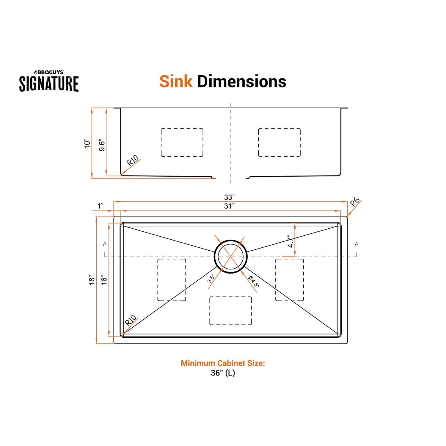 BBQGuys Signature Undermount Stainless Steel 33-Inch Single Bowl Sink W/Grid and Strainer - Dimensional thumbnail
