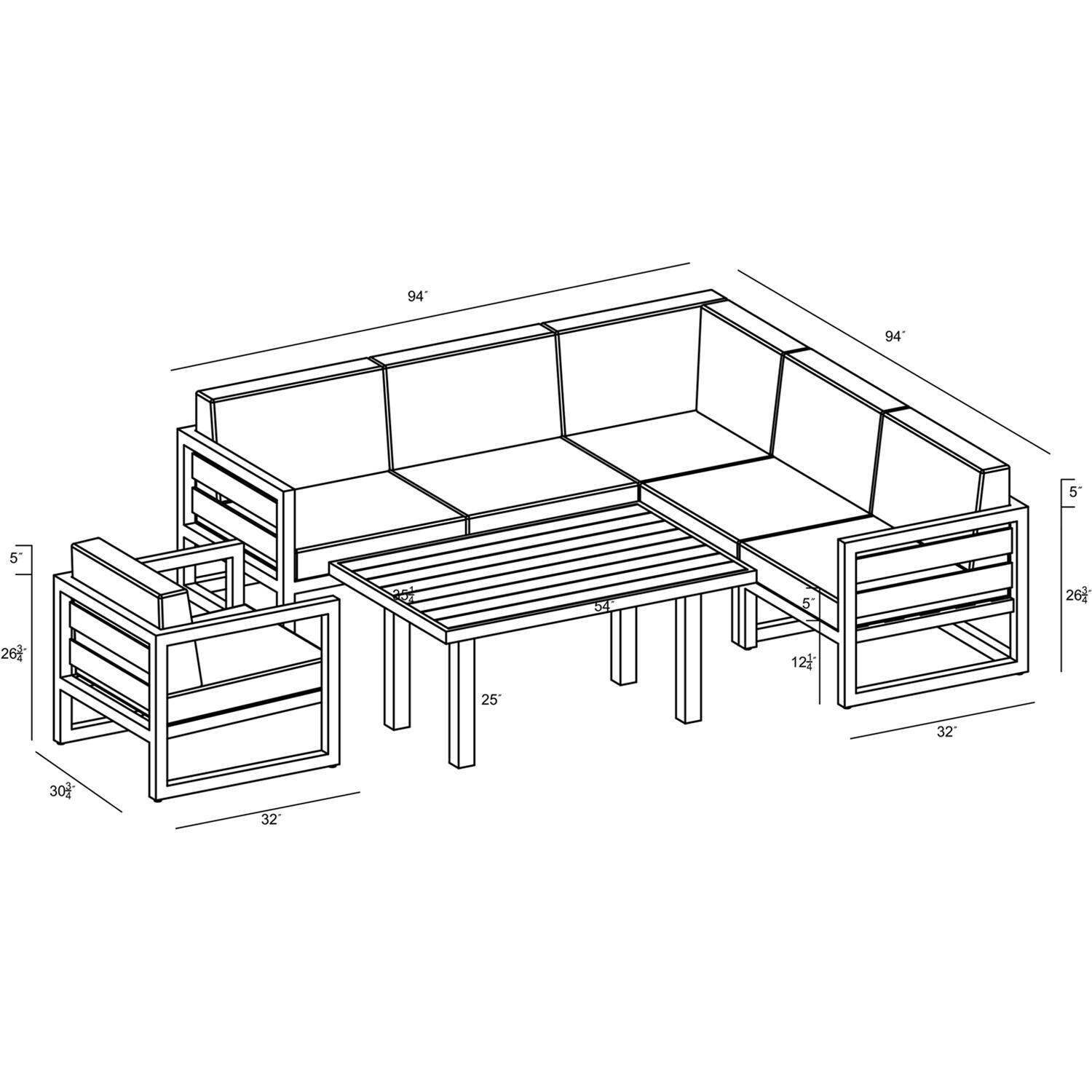 Lakeview MSTYCV-BK-SET212-CF Misty Cove 7 Pc Aluminum Sectional Set in Black w/Chat Table & Canvas Flax Cushions by Lakeview Outdoor Designs - Line Drawing - Dimensional thumbnail