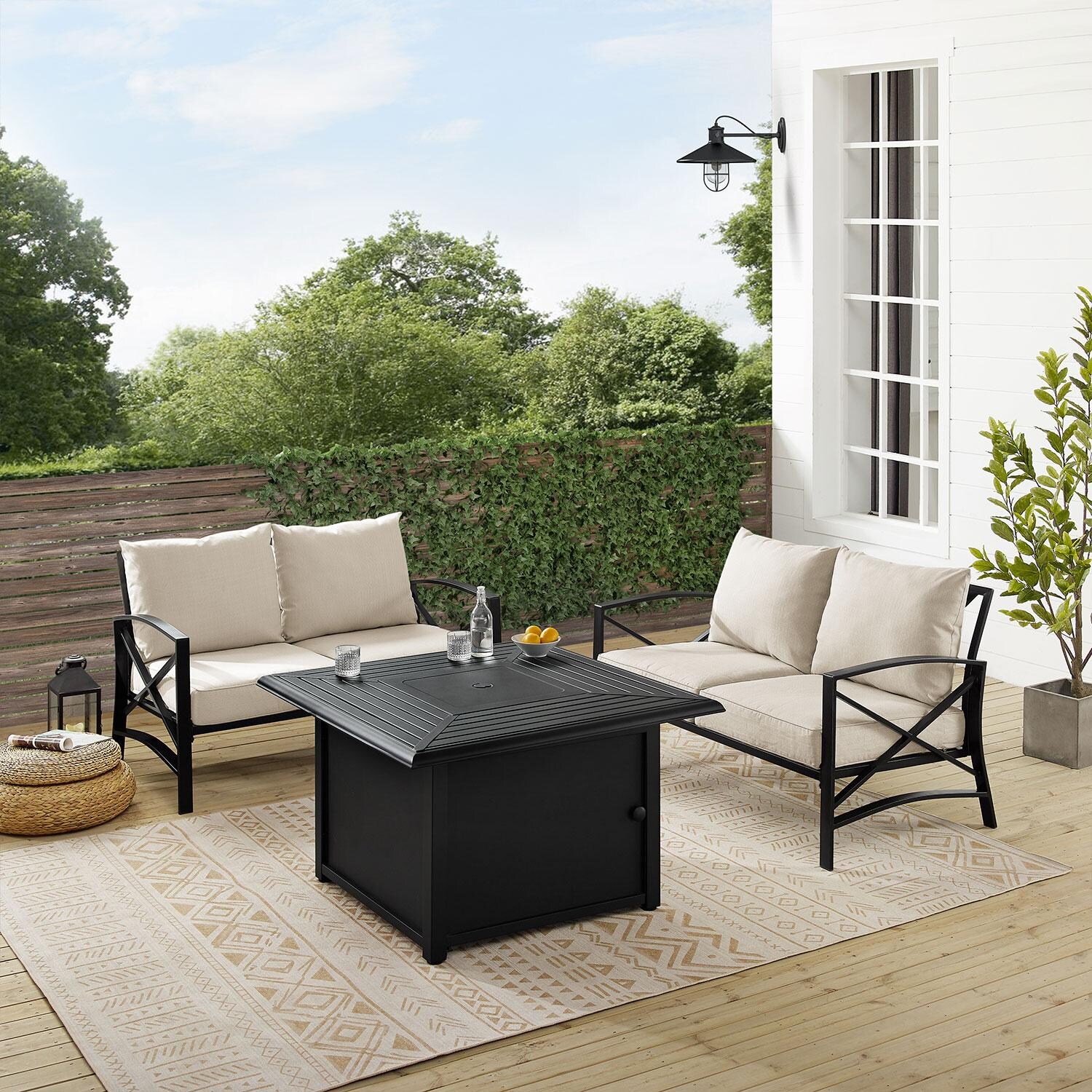 Ultimate Patio UP-82271BZ-OL 3Pc Outdoor Loveseat Set W/ Fire Table in Oatmeal - On Patio W/ Fire Table Off - Lifestyle thumbnail