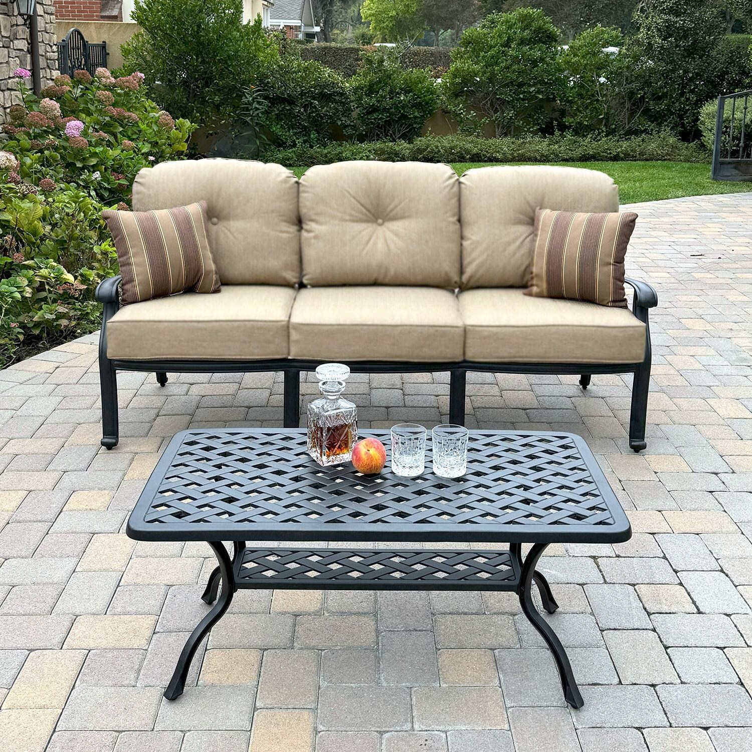 Darlee Elisabeth 5 Pc Cast Aluminum Seating Set w/ Series 30 Coffee Table & End Table in Antique Bronze/ Beige Canvas - Sofa & Table - Lifestyle thumbnail