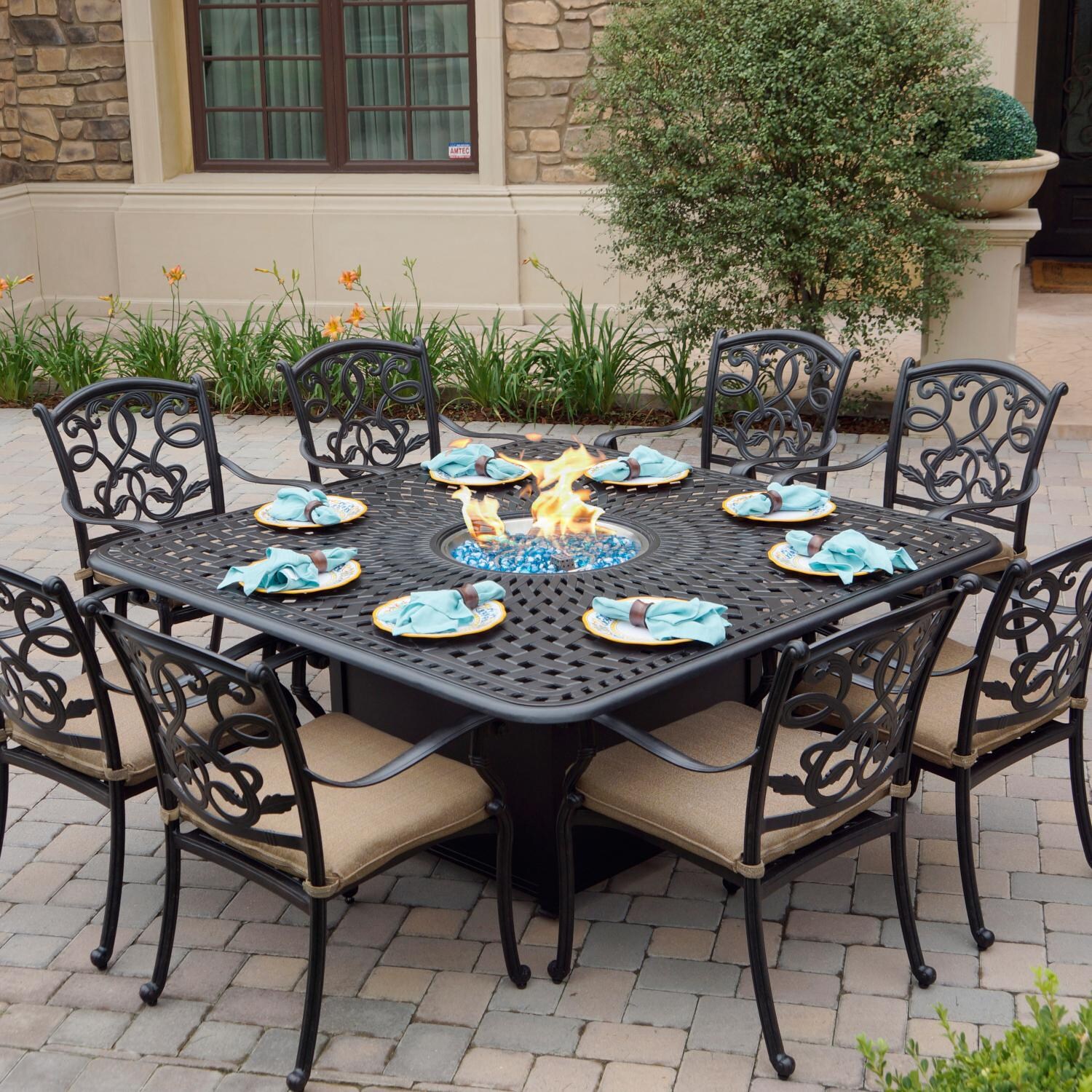 Darlee Santa Monica 9 Piece Cast Aluminum Patio Fire Pit Dining Set W/ 64 Inch Square Table
