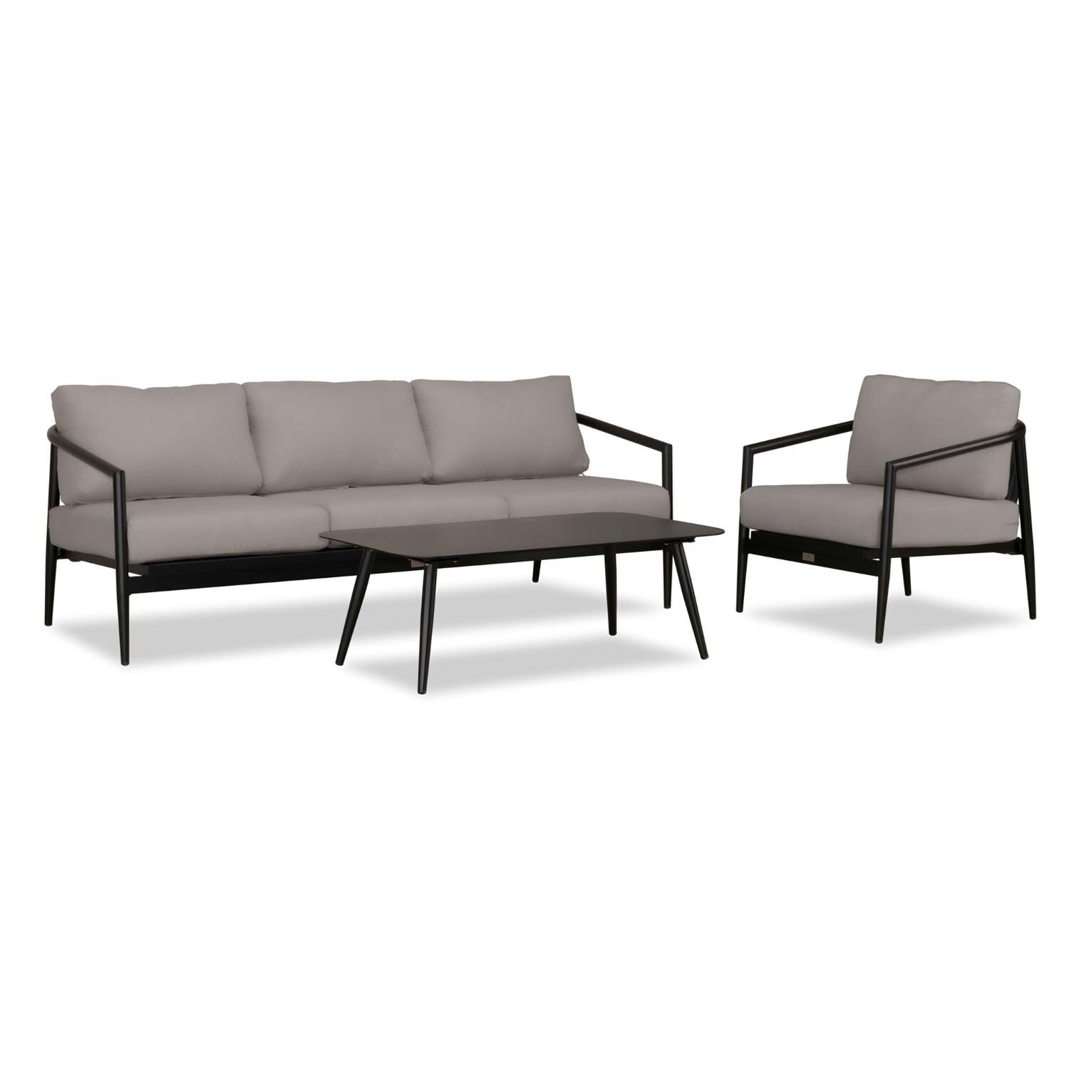 Lakeview Midnight Cove 3 Pc Aluminum Sofa Seating Set in Black/Carbon/Canvas Charcoal - Angled - White Background thumbnail