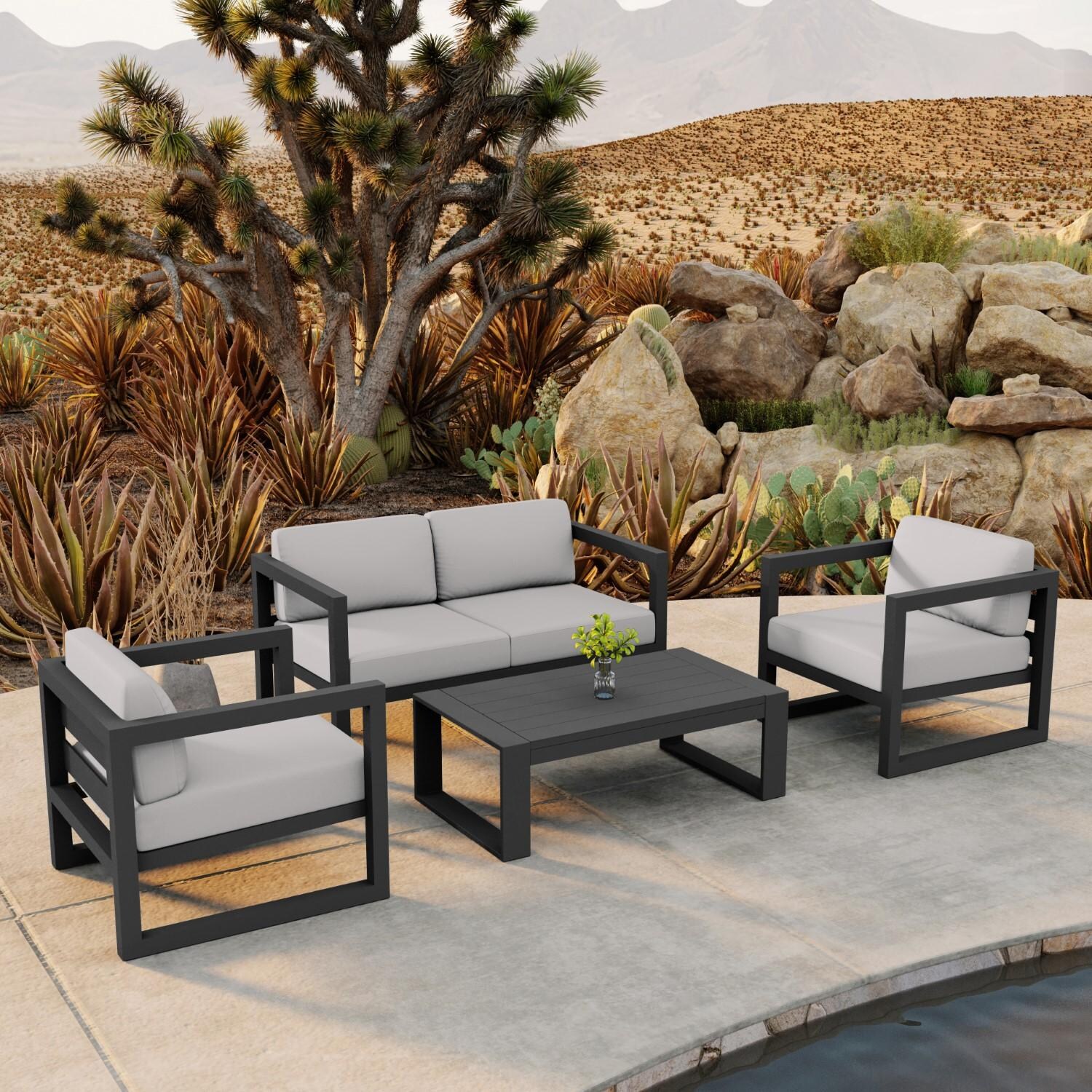 Misty Cove 4 Pc Aluminum Loveseat Set in Slate W/ Canvas Natural Cushions & Portal Coffee Table By Lakeview - Lifestyle thumbnail