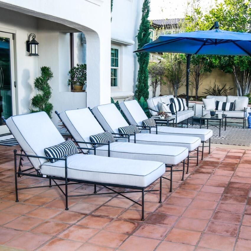 Provence Wrought Iron Chaise Lounge w/ Contrast Spectrum Carbon Welt in Pewter/Canvas Natural by Sunset West - In A Row - Lifestyle thumbnail