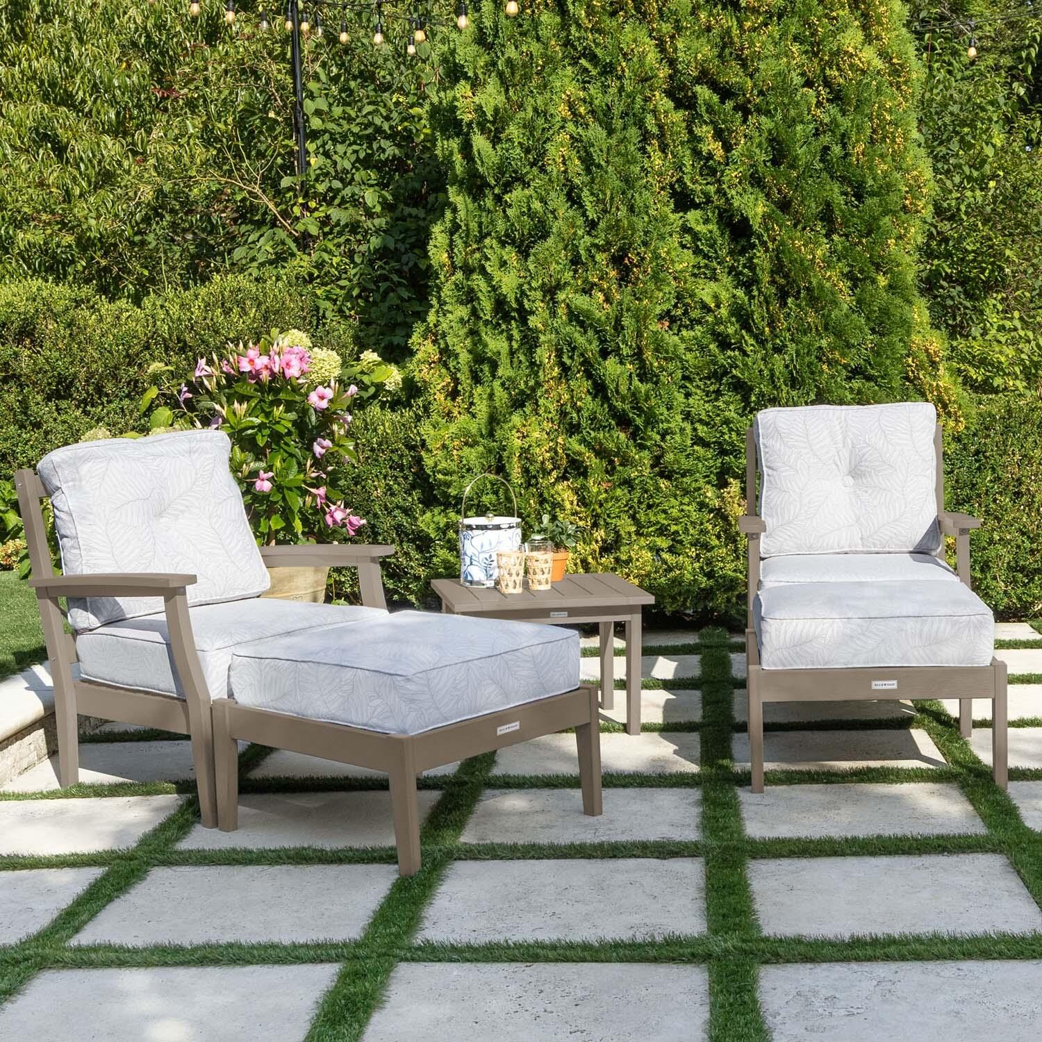 Blushing Bay 5 Pc Recycled Plastic Seating Set in Lively Parchment/Woodland Brown by Lakeview Outdoor Designs - Left Angled - Lifestyle thumbnail