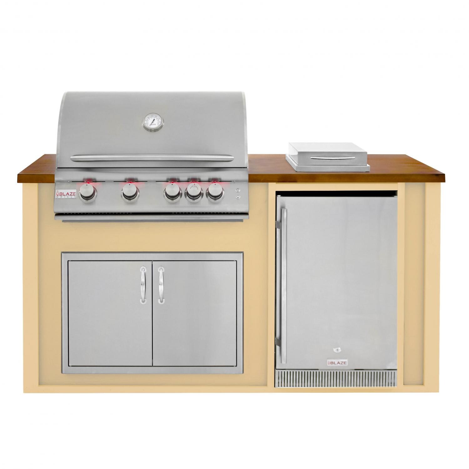 BBQGuys.com 6 Ft BBQ Island With Blaze 32-Inch Propane Gas Grill, Double Access Door, Outdoor-Rated Compact Refrigerator & Side Burner - Cork Wedge/Tan - LTEAD4.1SBLP-6SBVP4CWMT thumbnail
