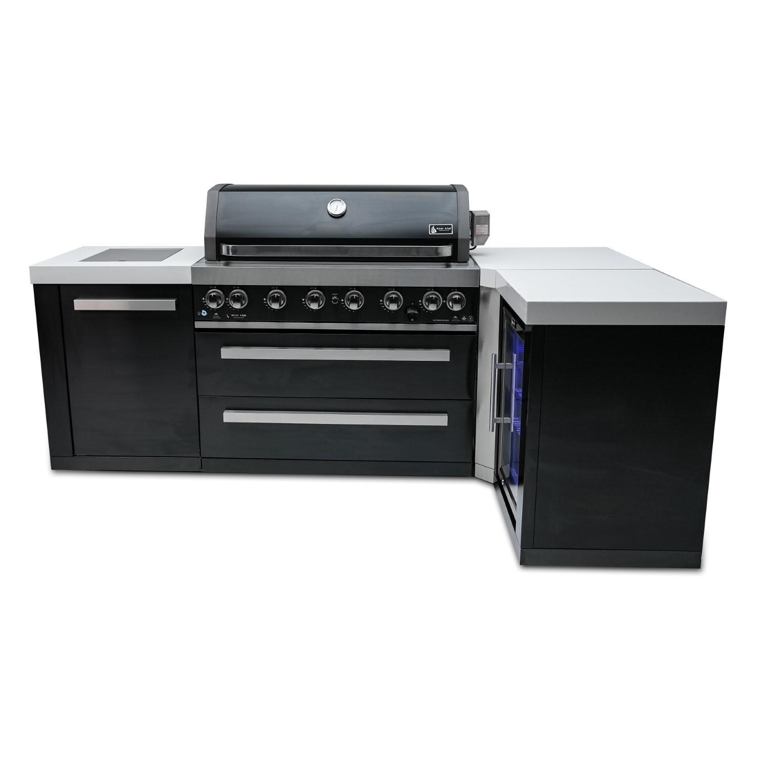 Mont Alpi - MAi805-BSS90FC - Deluxe 90 Degree Propane Gas Island Grill W/ Refrigerator Cabinet, Infrared Side Burner, & Rotisserie Kit - Black Stainless Steel - Closed Burners Off Angled - White Background