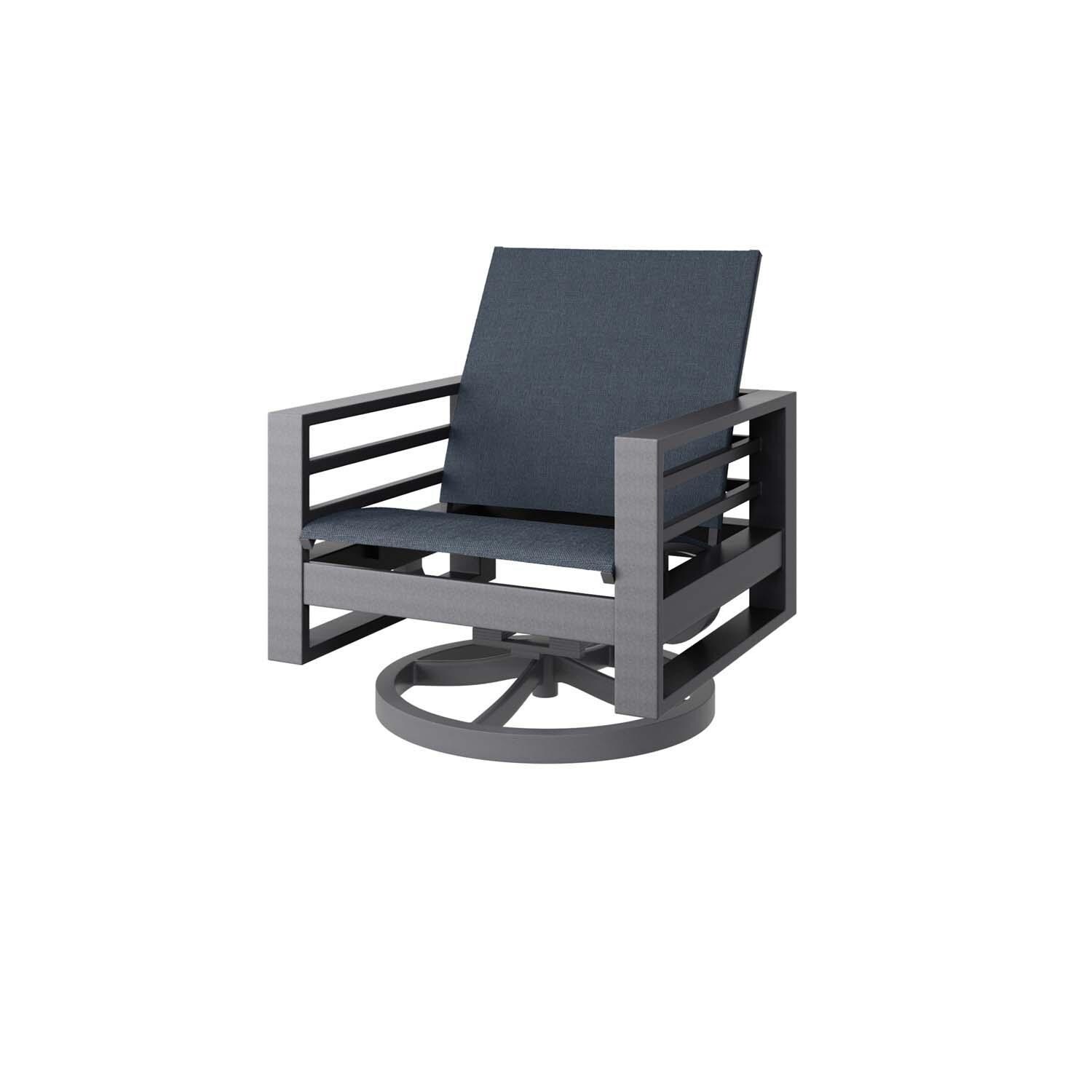 Palermo Aluminum Club Chair Swivel Rocker in Graphite w/ Harbor Indigo Sling By Ebel - White Background thumbnail