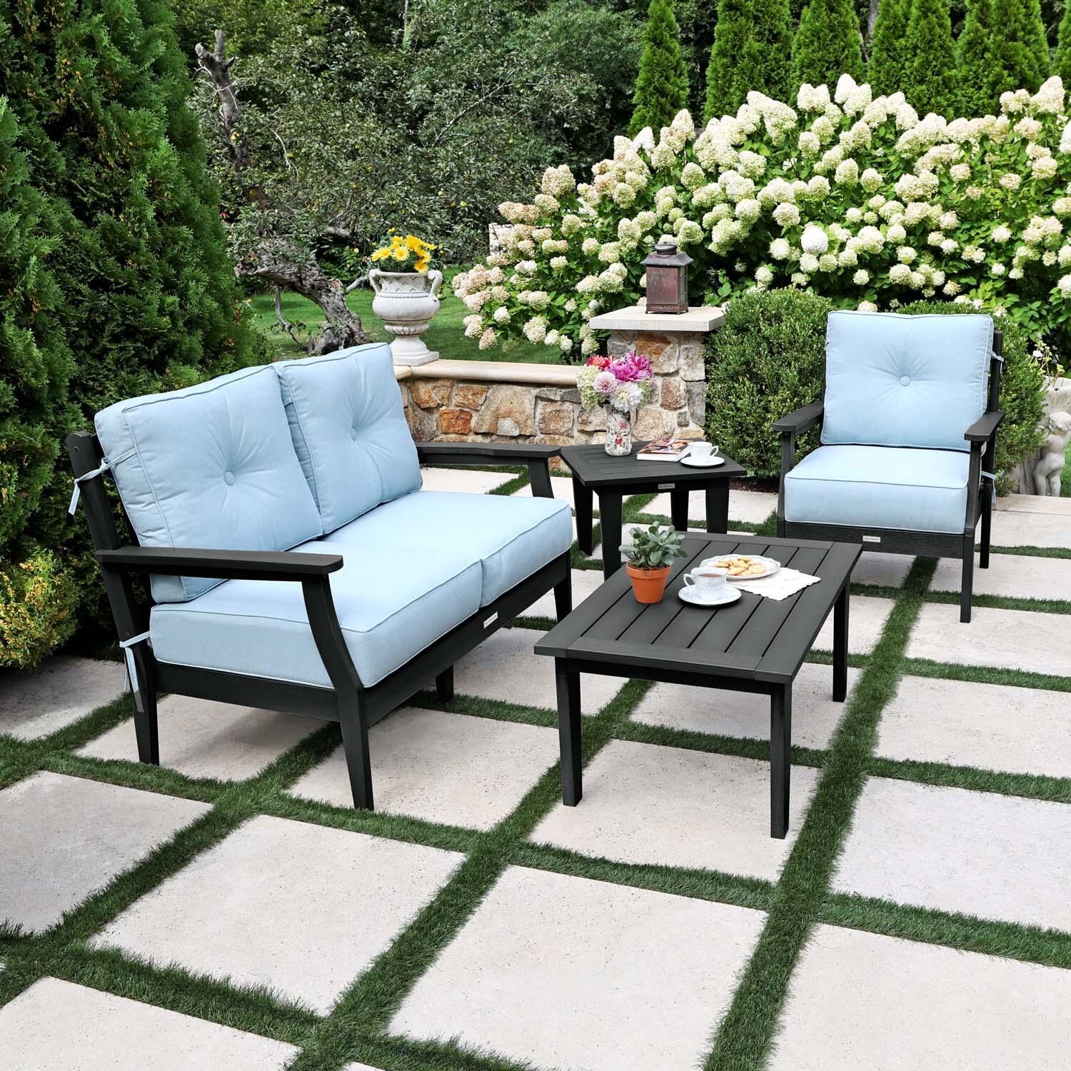 Blushing Bay 4 Pc Recycled Plastic Seating Set in Bliss Dew/Black by Lakeview Outdoor Designs - Side View - Lifestyle thumbnail