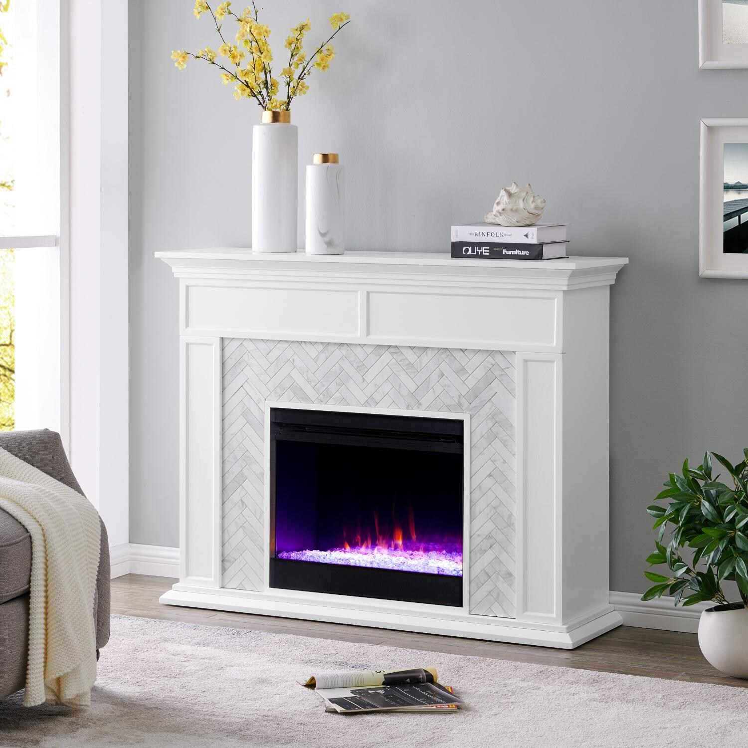 Southern Enterprises FC1009359 Torlington 50-Inch Color Changing Electric Fireplace - White W/ Gray & White Marble Tile - In The Home thumbnail