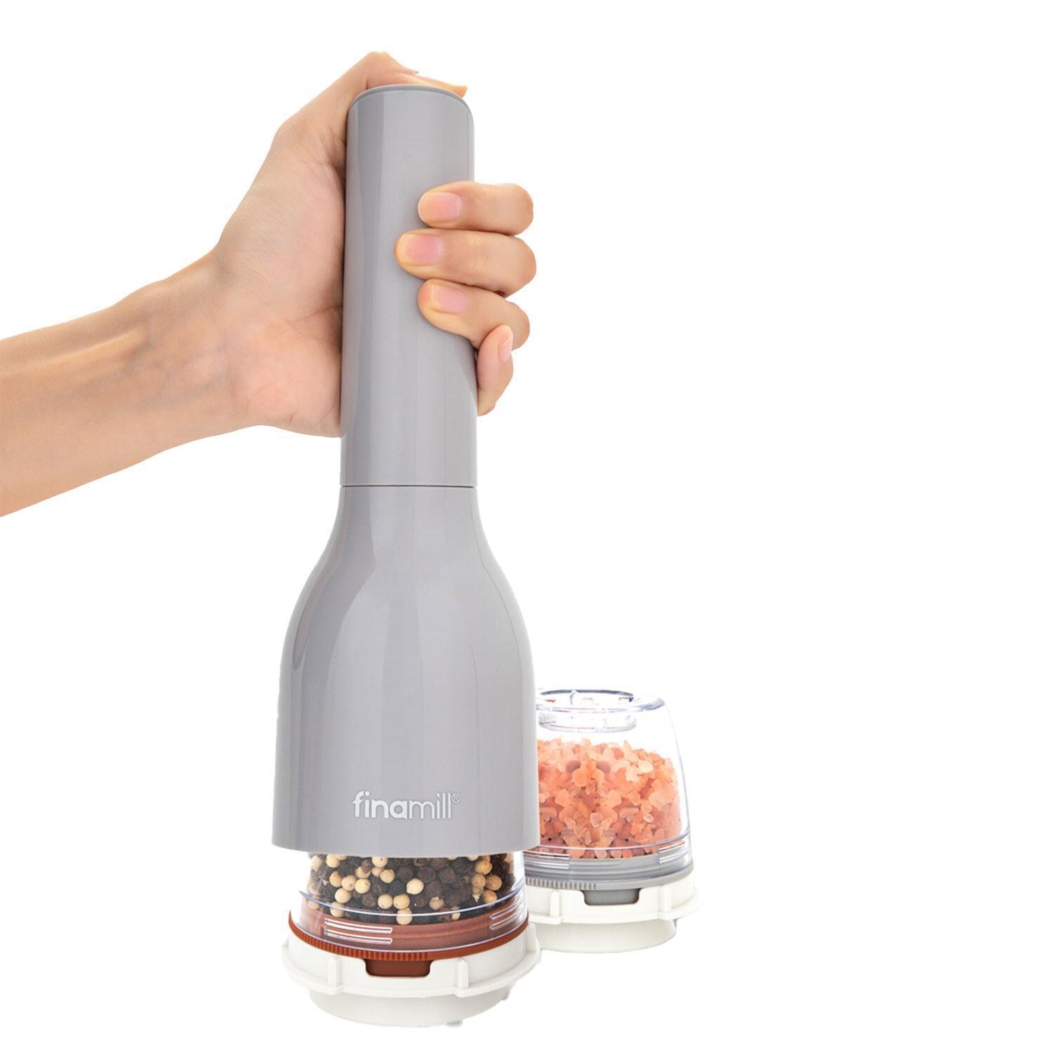 FinaMill GP803437-111STO Classic Battery Spice Grinder in Stone w/ 1 Everyday Pod & 1 Peppercorn Pod - Easy Hand Grip - White Background thumbnail
