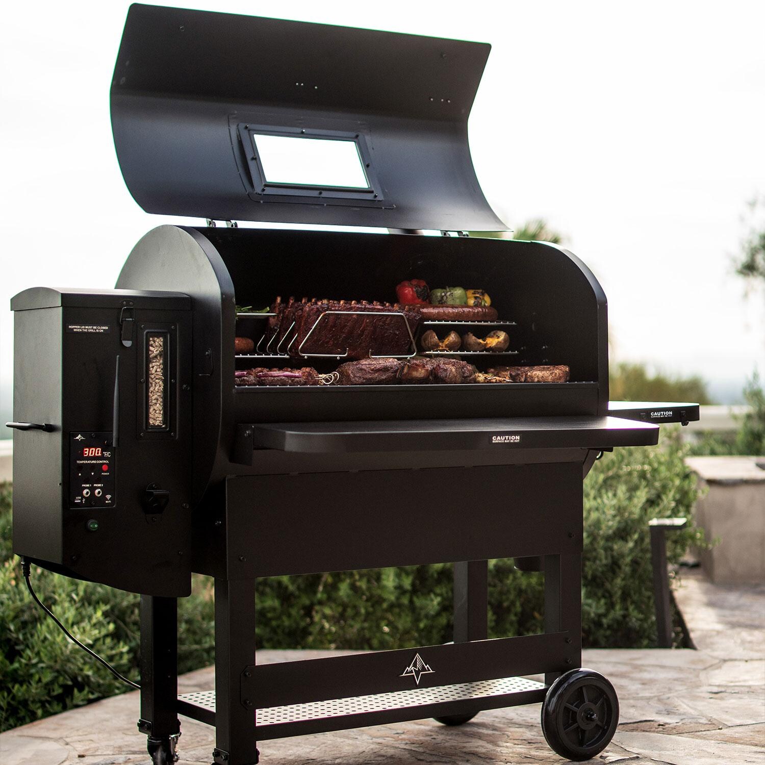 Green Mountain Grills Peak Prime 2.0 WiFi Pellet Grill w/ Cover - Lid Up - Side View - Lifestyle thumbnail