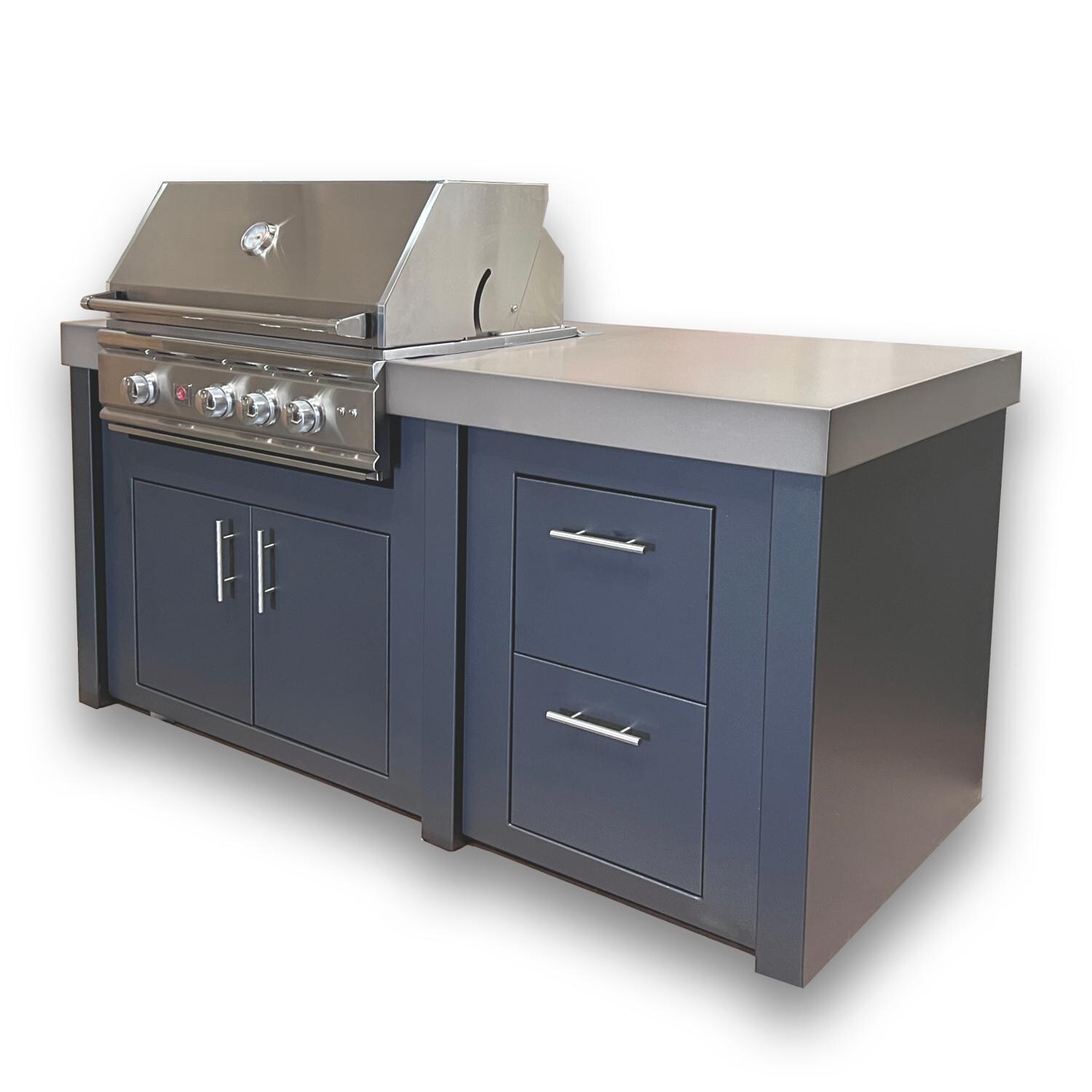 BBQGuys Signature BBQ-TRL32-S-LP 6-Foot Silver Mist Finished Island Kitchen W/ Summerset TRL 32-Inch Propane Gas Grill - Angled View thumbnail