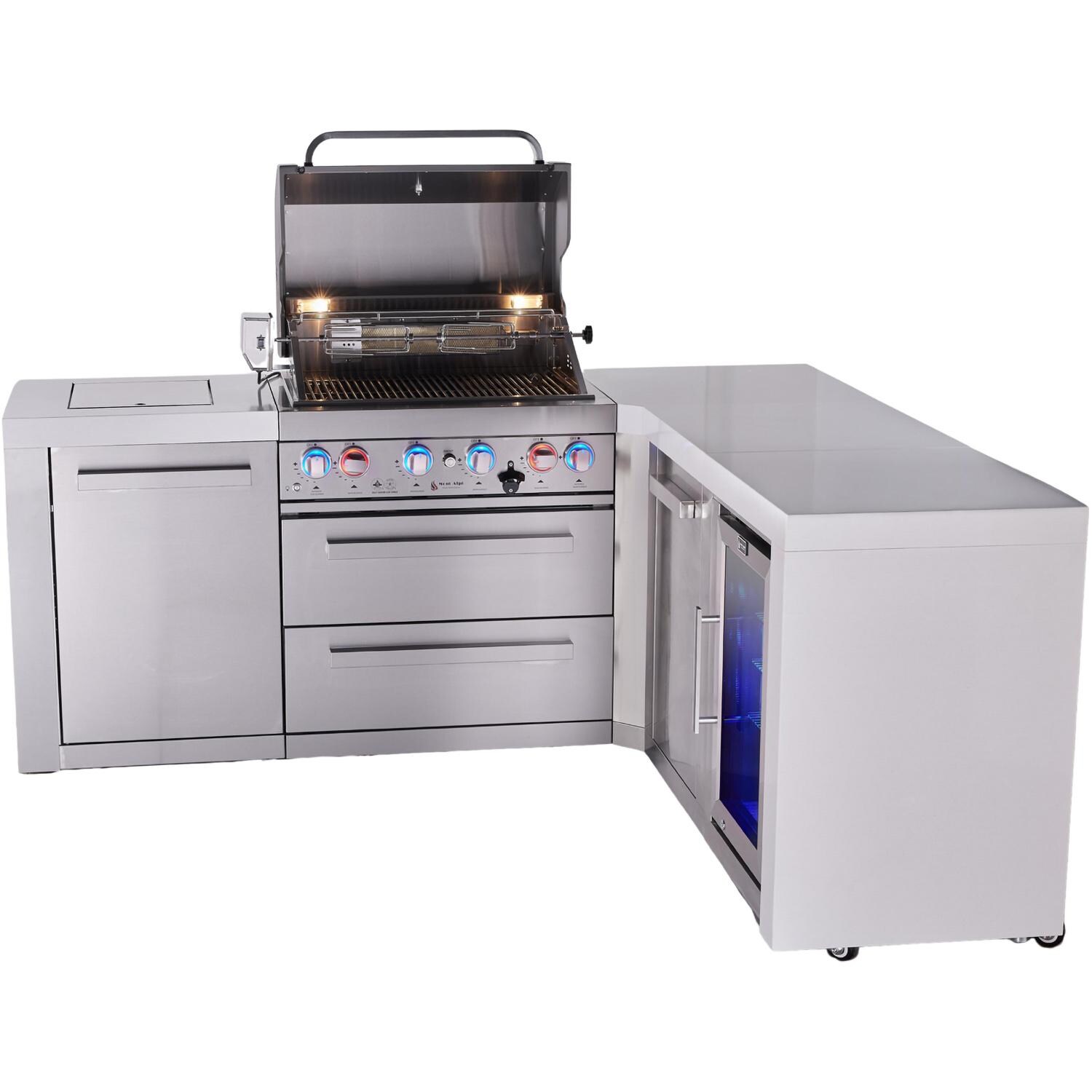 Mont Alpi Deluxe Series 7 Ft L-Shaped Natural Gas Outdoor Kitchen Island w/ 32-in Grill, Side Burner, Fridge & Extra Door (Ships Propane w/ Conversion Kit) - Grill Open - White Background thumbnail