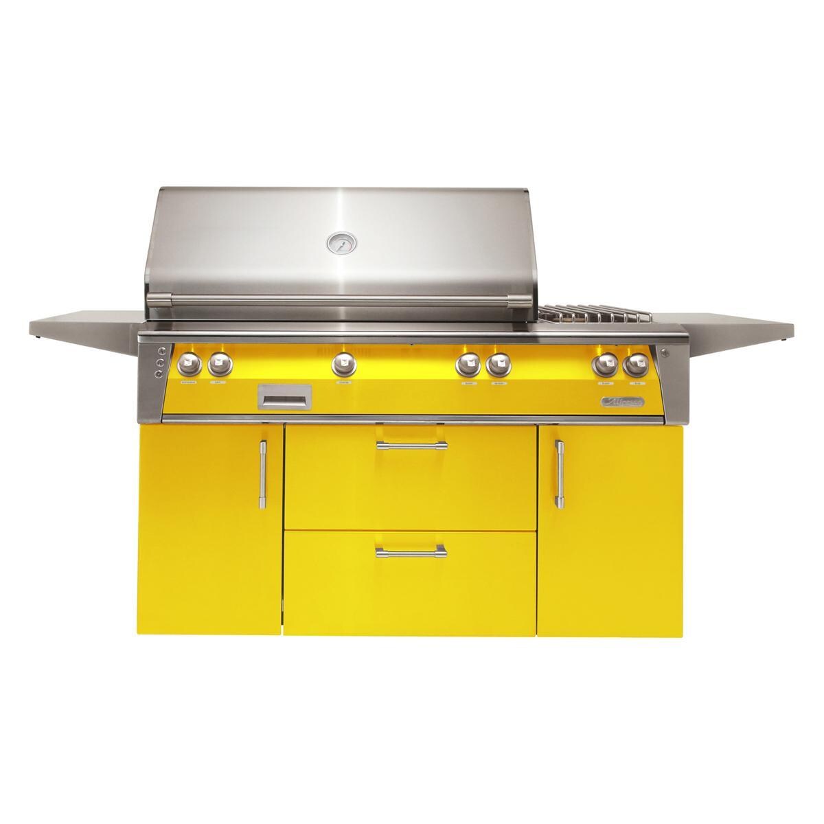 Alfresco ALXE 56-Inch Freestanding Natural Gas Deluxe Grill With Sear Zone, Rotisserie, And Side Burner in Traffic Yellow - ALXE-56SZC-NG-S1023