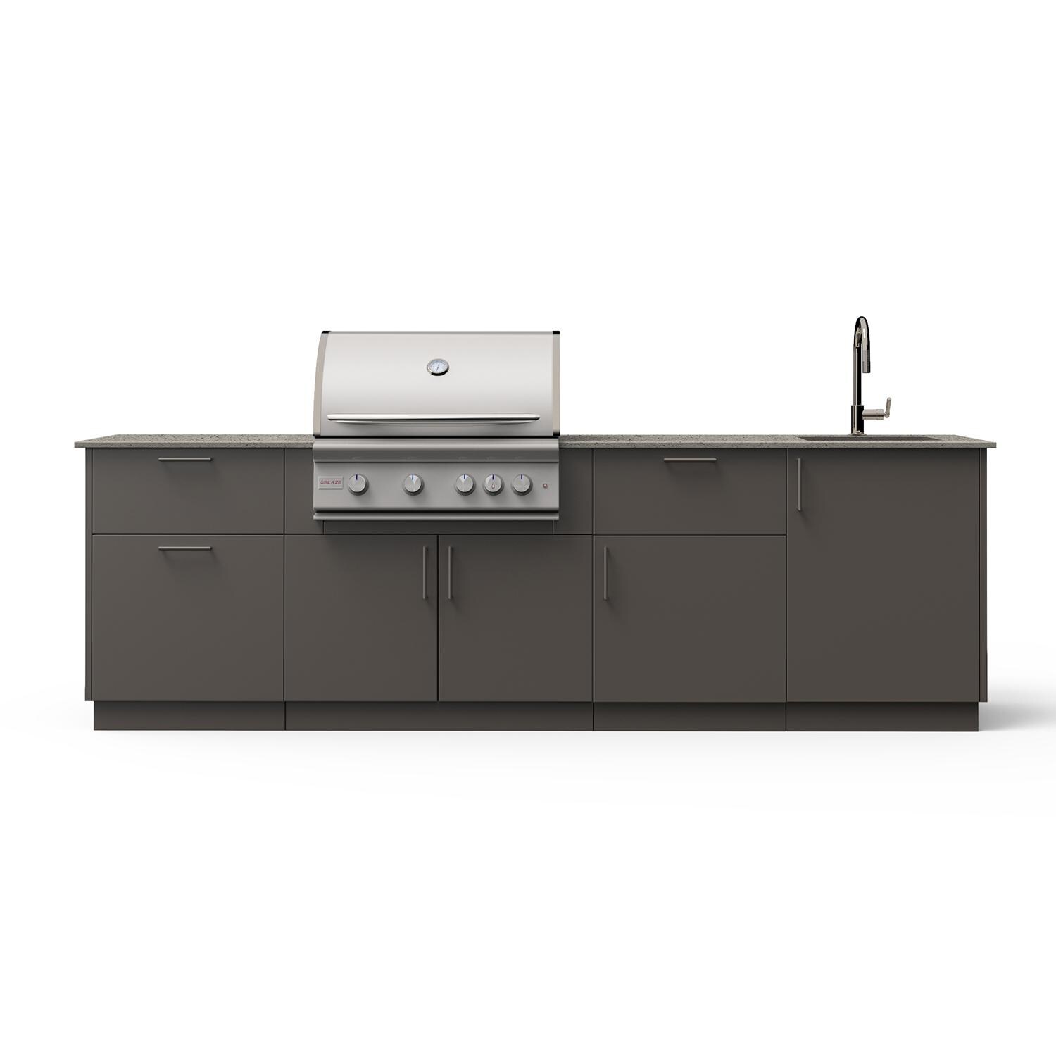 Blaze Sunset 10-Ft Outdoor Kitchen Island w/ 32-Inch Marine Grade LTE+ Natural Gas Grill, Sink in Gunmetal w/ Keon Countertop
