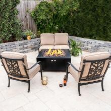 Bocage 4 Piece Cast Aluminum Patio Fire Pit Conversation Set W/ Loveseat & Sunbrella Canvas Heather Beige Cushions By Lakeview Outdoor Designs