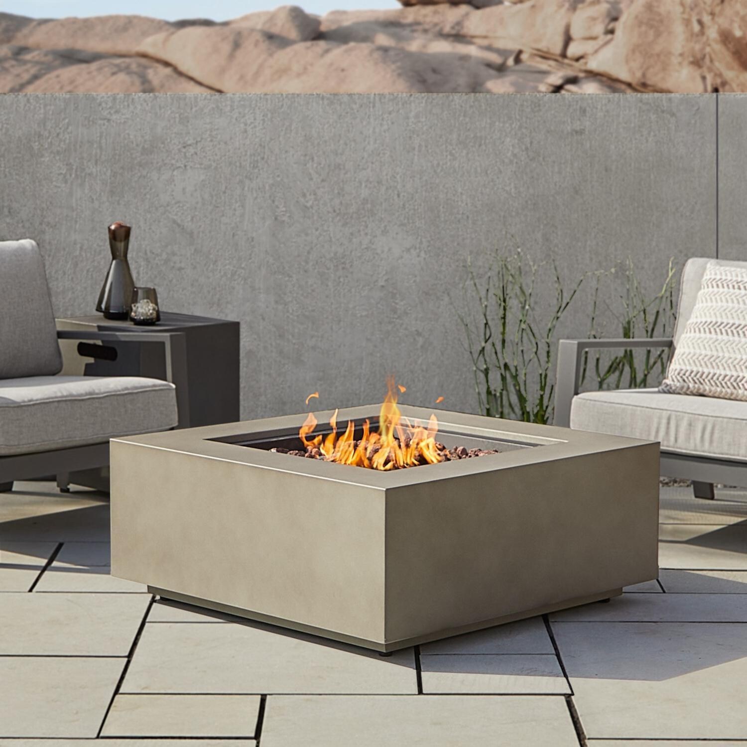 Elysian 3 Pc Powder Coated Steel Seating Set w/ 36 Inch Square Fire Pit in Mist Gray by Lakeview - Set - Lifestyle thumbnail
