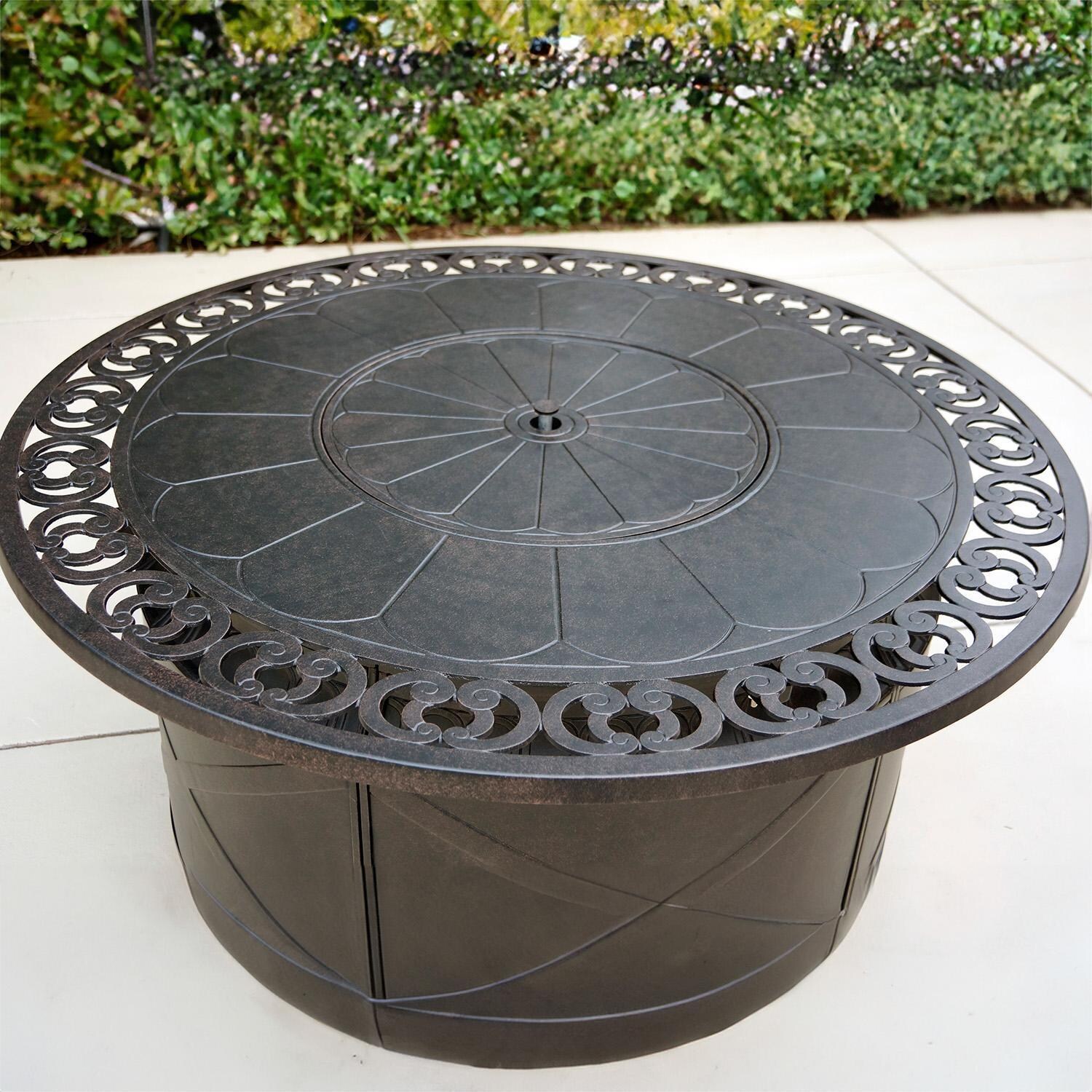 Darlee Nassau 4-Piece Patio Propane Fire Pit Loveseat Conversation Set with Cushions and 47 Inch Round Fire Pit Chat Table and Fireglass - Table - Lifestyle thumbnail
