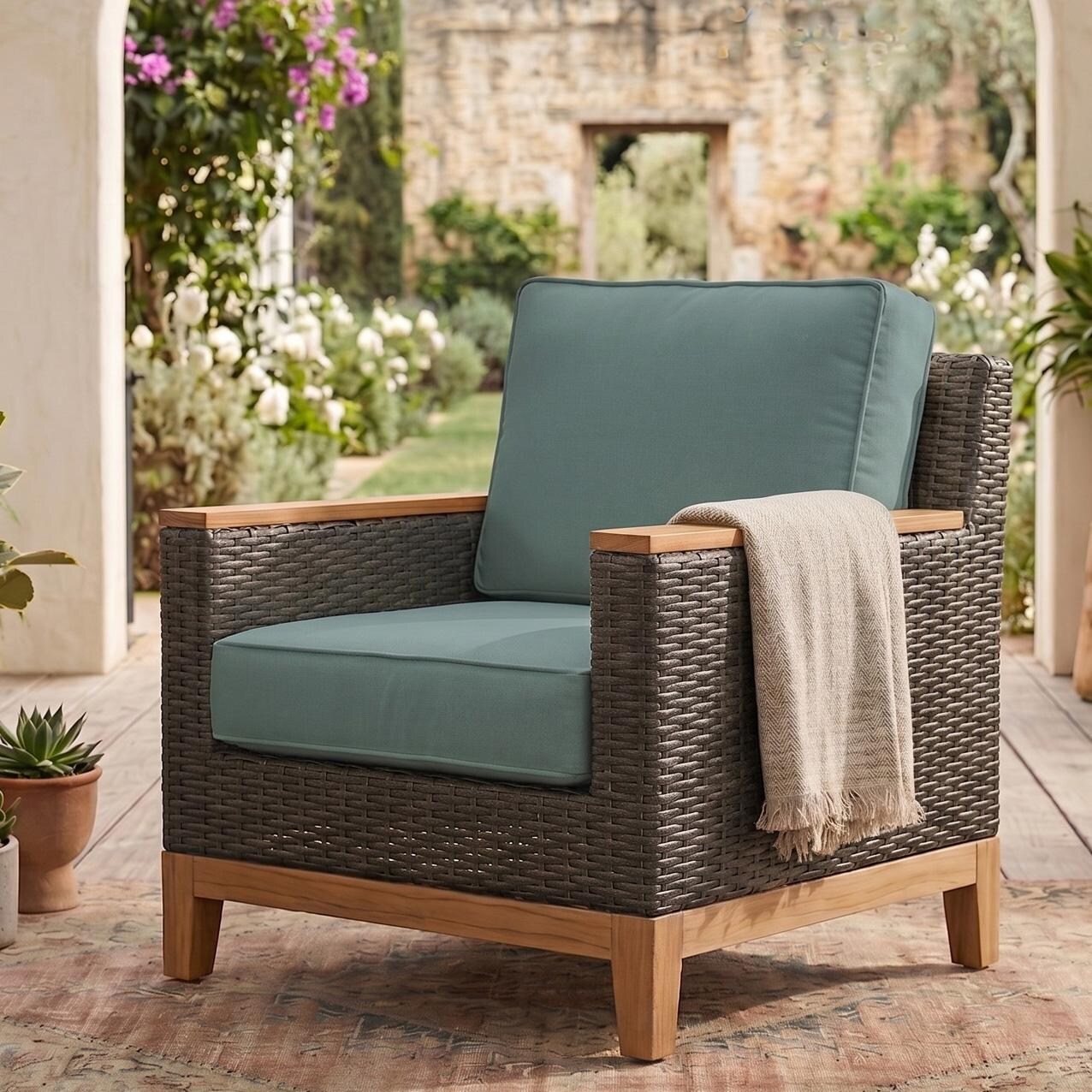 Royal Teak Collection BOCACH-S Boca Wicker Club Chair w/ Sunbrella Canvas Cushion in Gray/Canvas Spa - On Patio - Lifestyle thumbnail