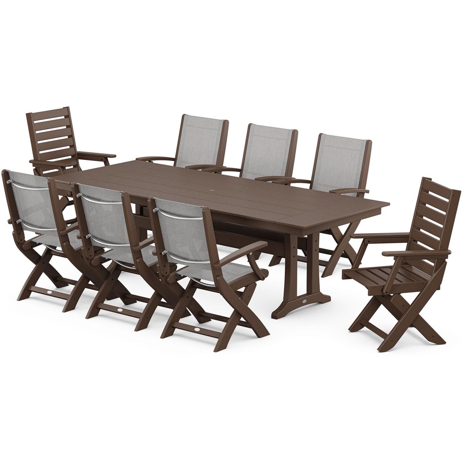 POLYWOOD x BBQGuys Creekside 9 Pc Recycled Plastic Dining Set W/ Parchment Sling in Mahogany