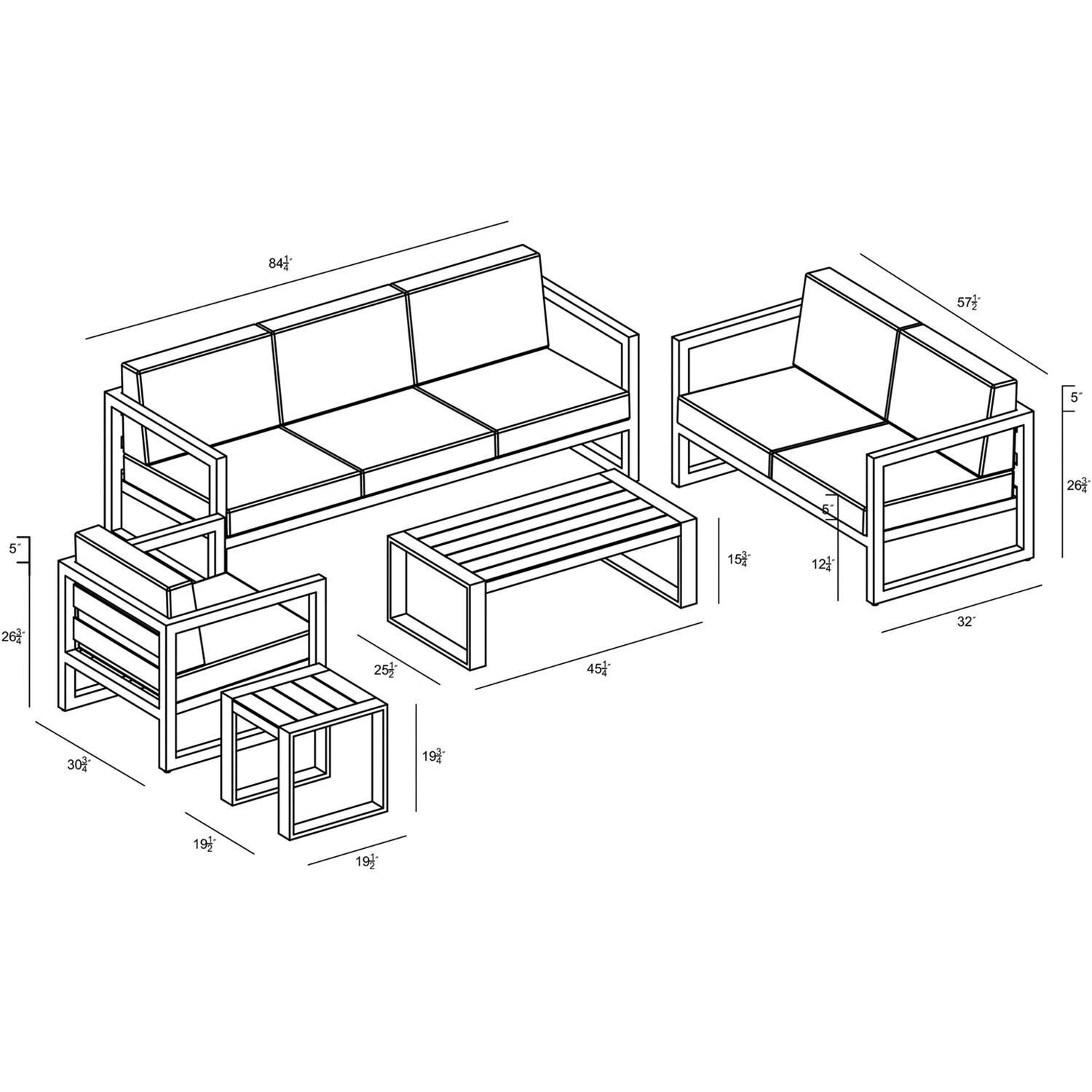 Lakeview MSTYCV-BK-5SS-CC Misty Cove 5 Pc Aluminum Seating Set in Black w/Portal Coffee Table & Canvas Charcoal Cushions by Lakeview Outdoor Designs - Line Drawing - Dimensional thumbnail
