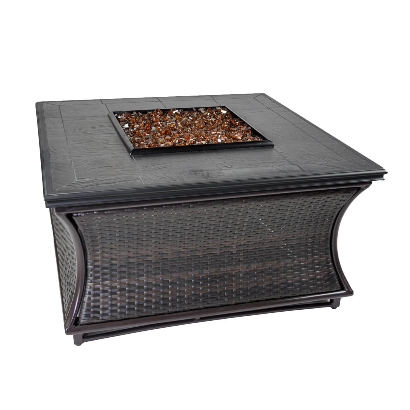Tretco 44-Inch Spring Hill Square Wicker Fire Pit Table - Dark Brown W/ Tile Top - With Fire Glass thumbnail
